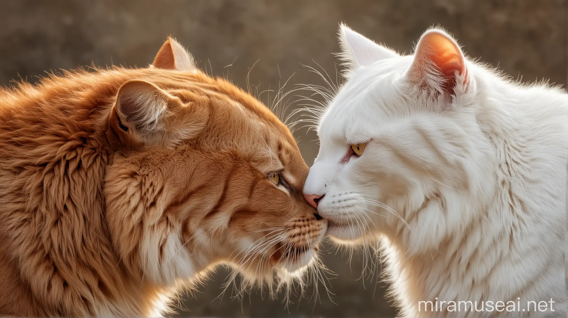 red big cat with white cat close touching noses