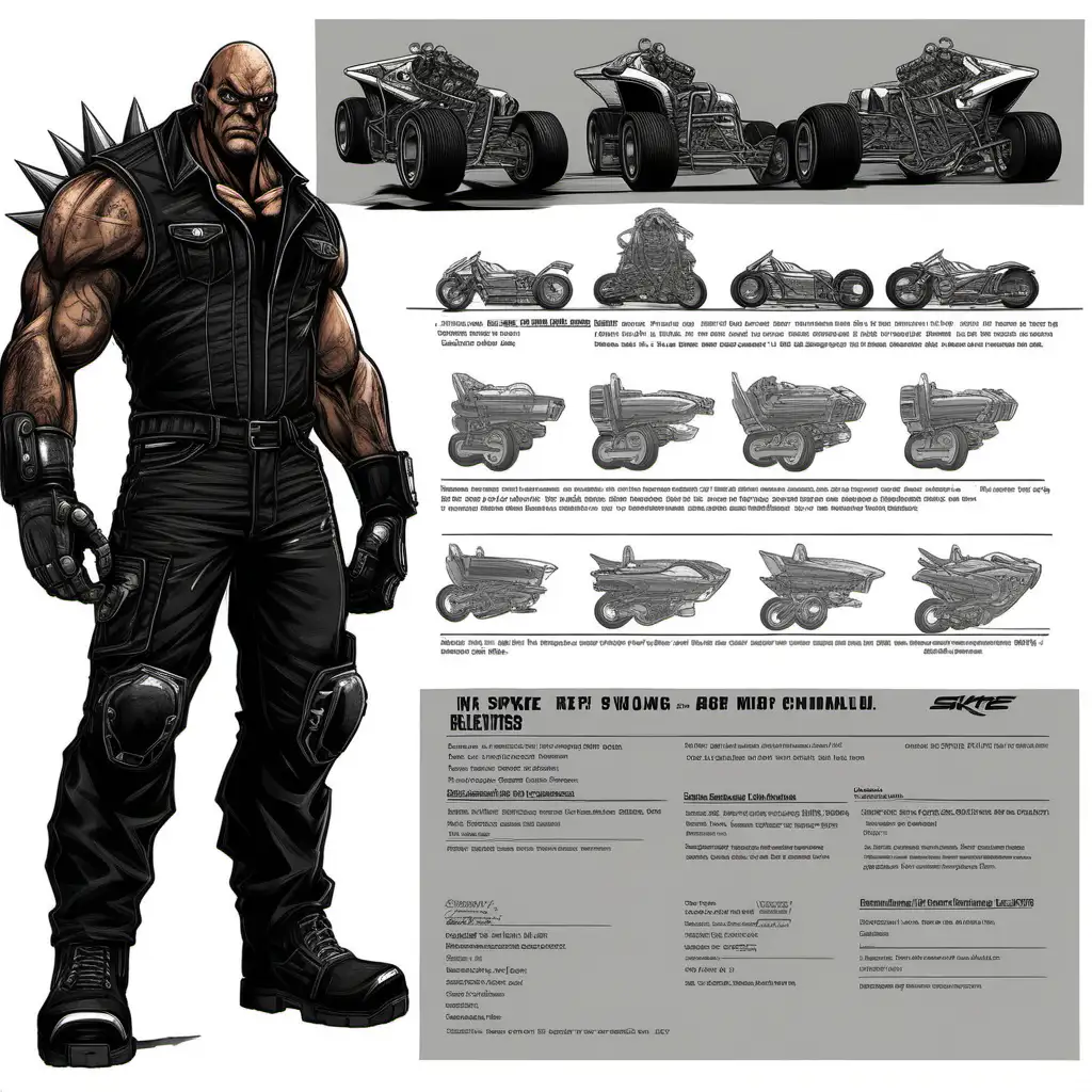 Character Sheet, a big figure with a menacing presence on the track. Once a feared enforcer in the criminal underworld, he now channels his aggression into the high-speed world of racing. Sporting a rugged appearance, Spike's most striking feature is his prosthetic arm, replaced with a lethal chainsaw attachment salvaged from his days in the prison workshop. His driving style is aggressive and relentless, plowing through obstacles and opponents alike with brute force. Spike is fueled by a thirst for victory and redemption, determined to carve out a new legacy on the track with every roaring engine and sparking blade.