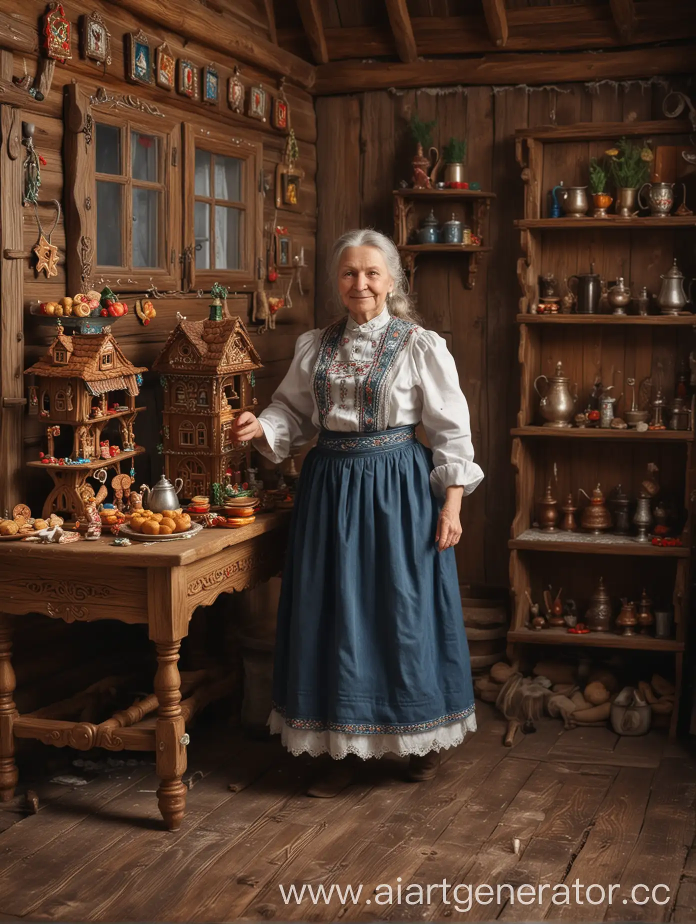 Славянская бабушка в полный рост, в деревянном доме, танцует, рядом стоит стол на котором стоит самовар и пряники, ультрареализм, реализм, качественное фото, чёткость, 4К