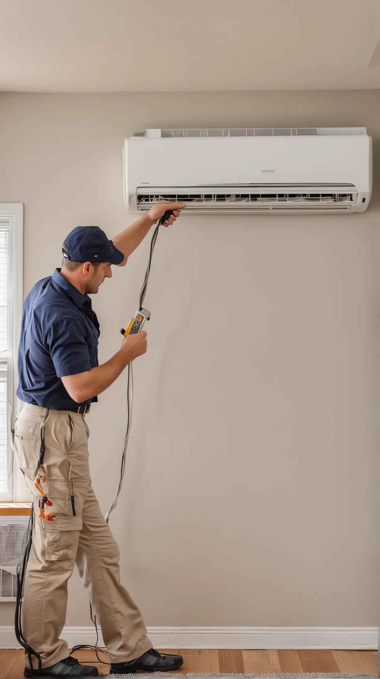 Create a realistic image of a professional Ductless Mini Split technician servicing an air conditioning unit inside a modern living room. The technician should be wearing a uniform and safety gear, with tools in hand, while examining the AC unit.