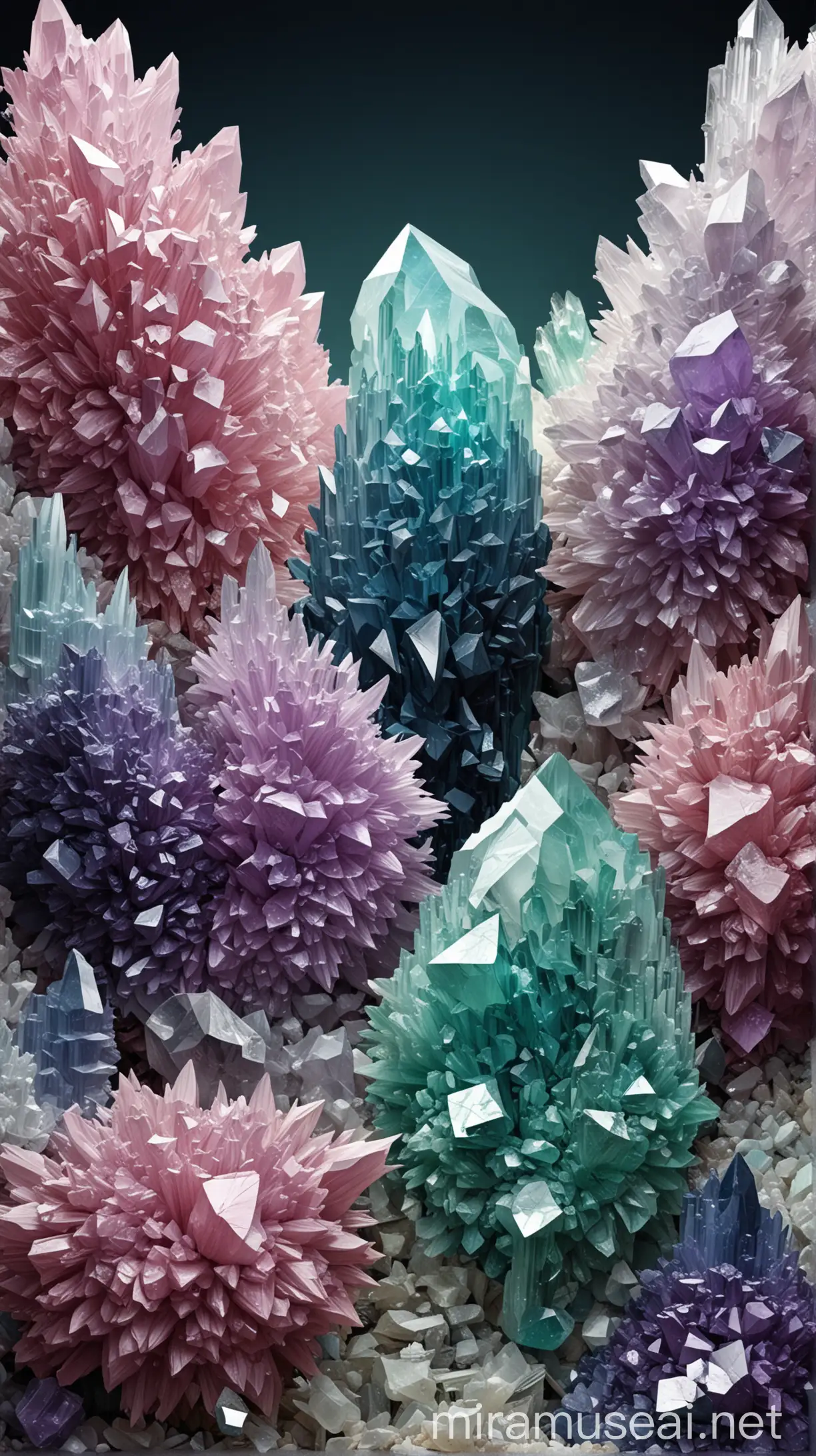 关于矿石杂志的封面，标题，介绍，带有各种颜色的水晶、矿石和萤石，组成一个美丽的简约的科普类型的杂志封面