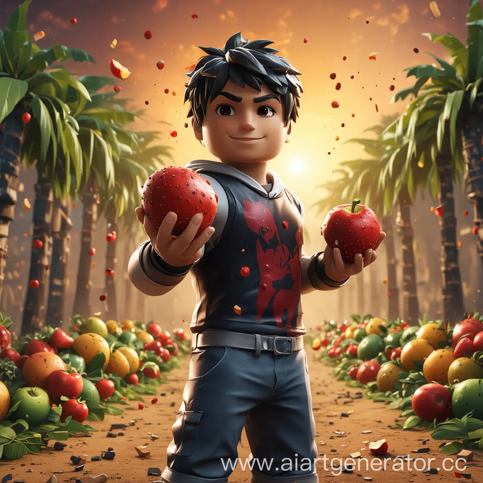 Роблокс человек с фруктом в руках а на фоне красивая битва