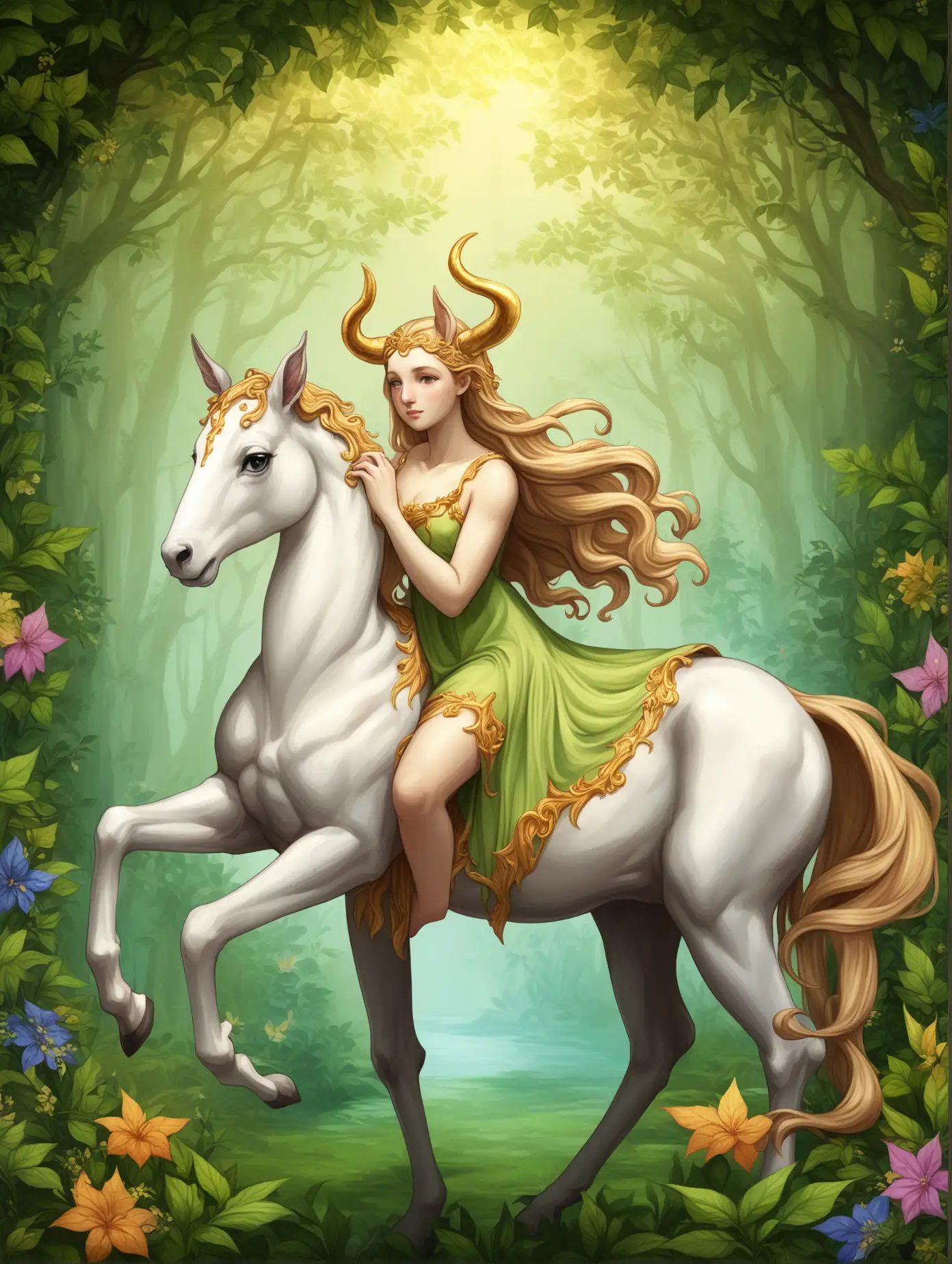 Female mythological centaur, lushly background.  Lushly background 