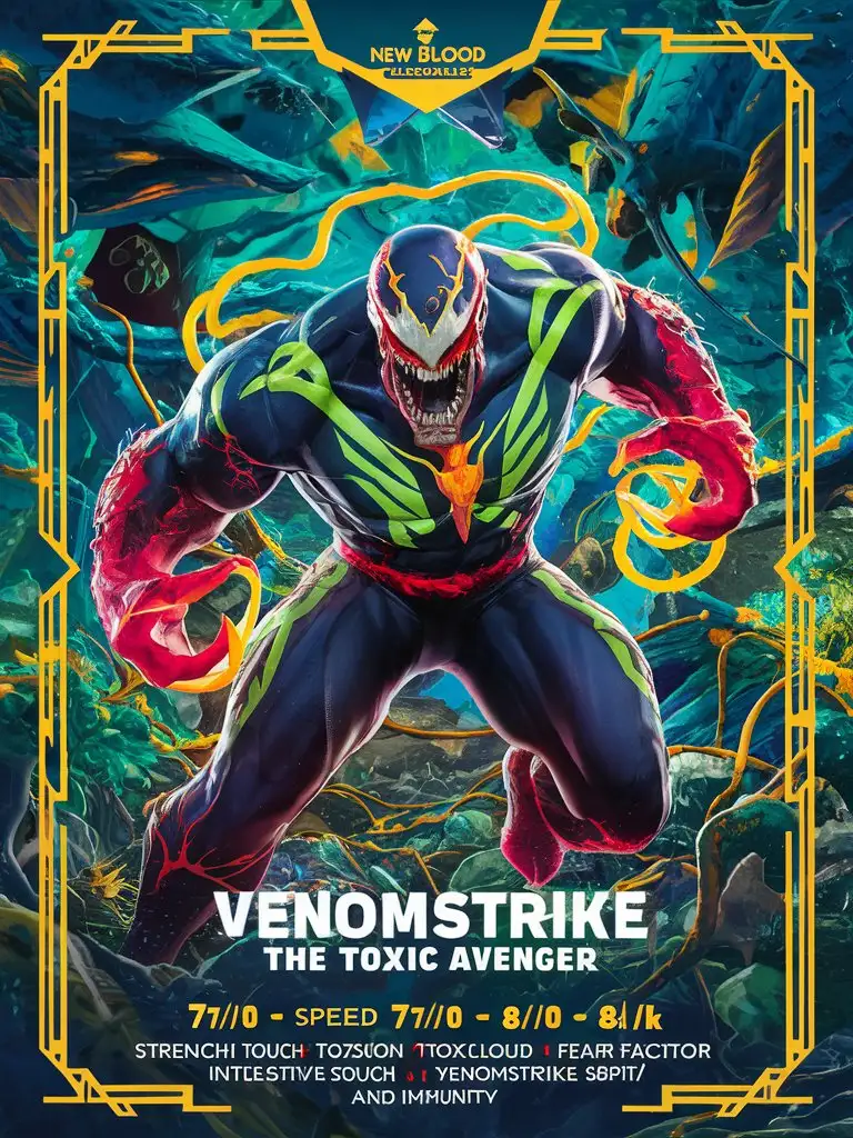 Title: bold "New Blood Collectables" card featuring "Venomstrike, the Toxic Avenger" the "Toxicus" in a detailed 8k background with toxic elements and detailed border.
Stats:
Strength: 7/10
Speed: 7/10
Intelligence: 8/10
Fear Factor: 8/10
Abilities:
Poison Touch: Inflicts enemies with a deadly poison.
Toxic Cloud: Creates a cloud of toxic gas.
Venom Spit: Spits venom to paralyze enemies.
Immunity: Immune to all forms of poison and toxins.
Description: 8k Venomstrike uses his 8k toxic abilities to take down enemies and protect the environment from pollution.