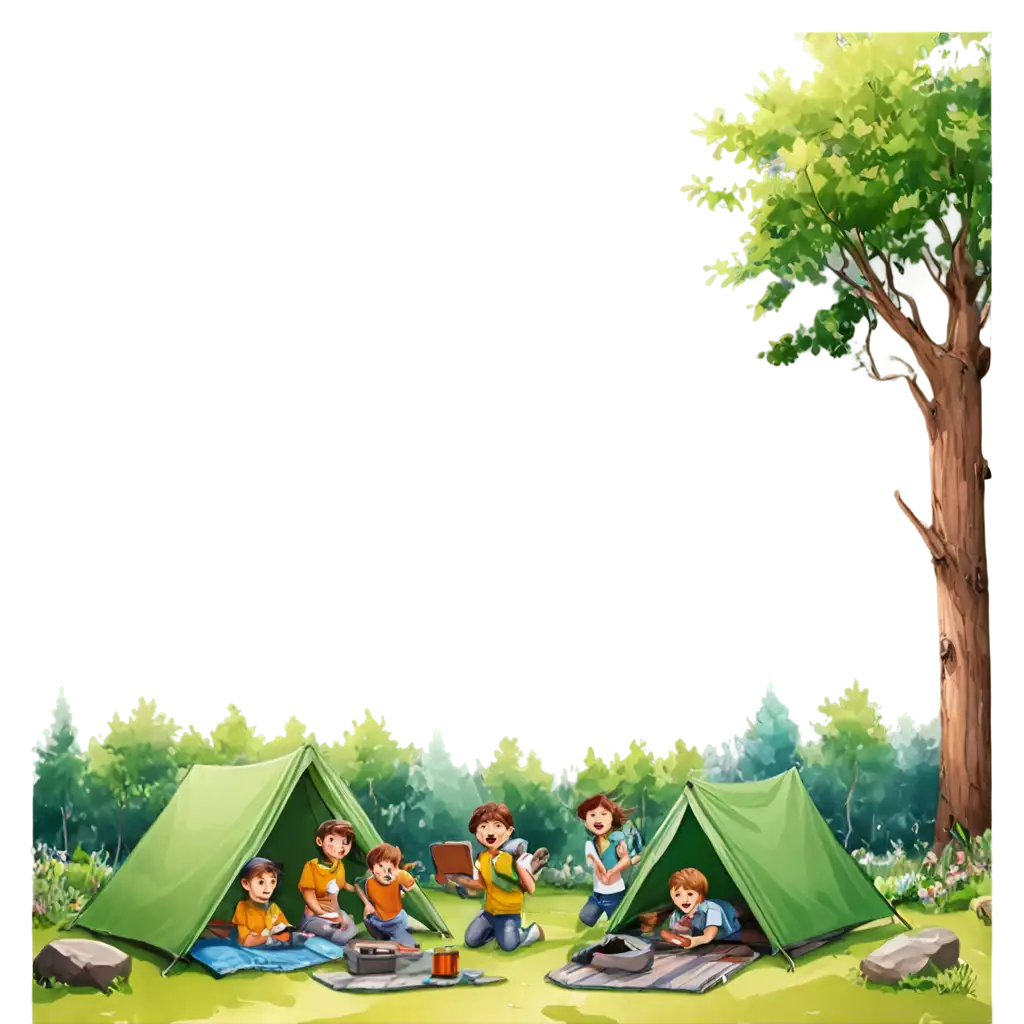 cartoon of school students having fun camping in the garden