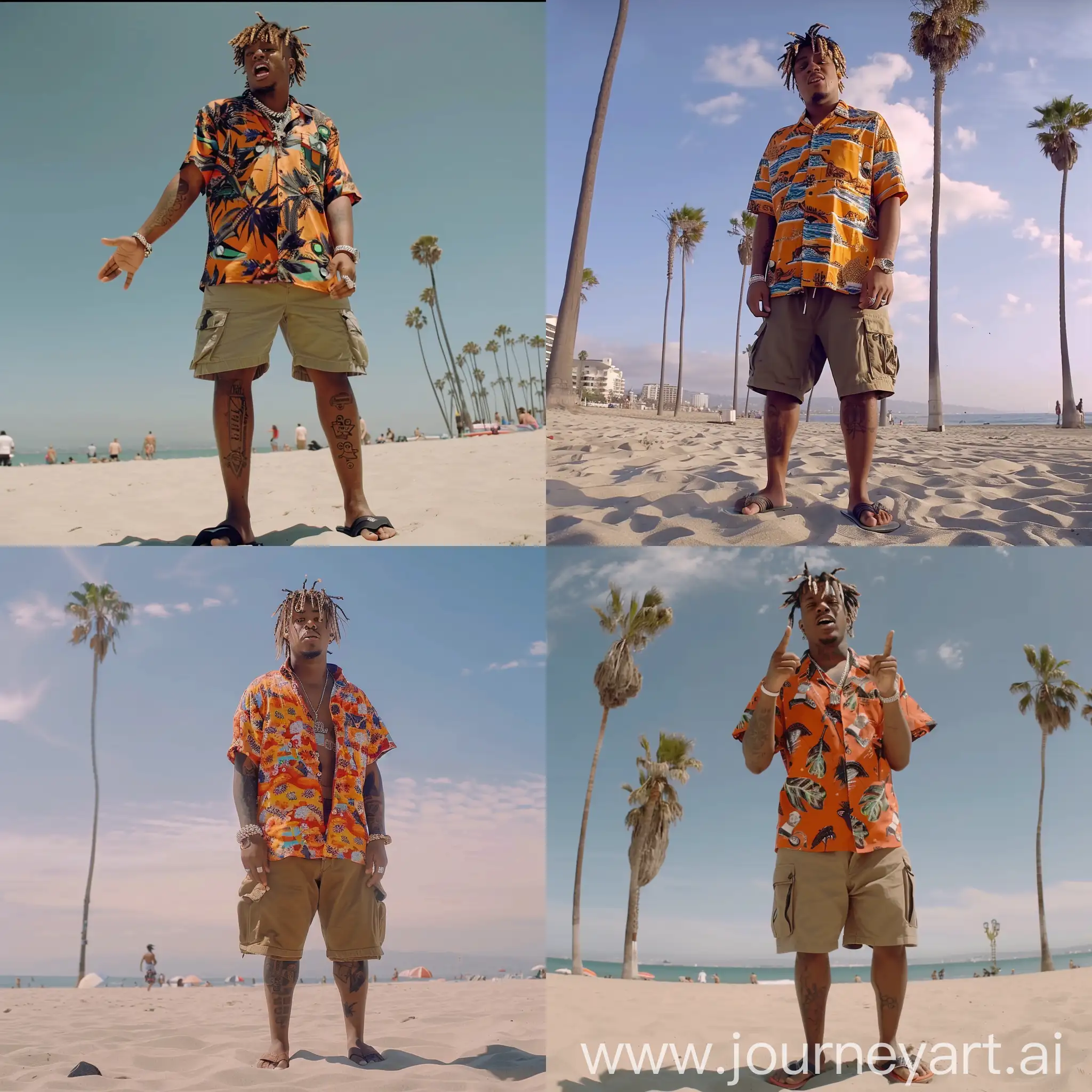 Juice Wrld in a music video singing,at Venice beach in los angeles,wearing a beach shirt with cargo shorts and sandles