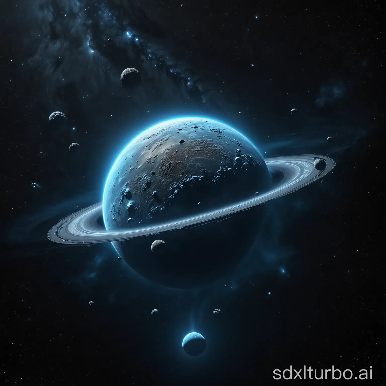 a super detailed and realistic blue isometric gas planet, a asteroiden belt, in front of a galaxy, dark atmosphere, only one big moon