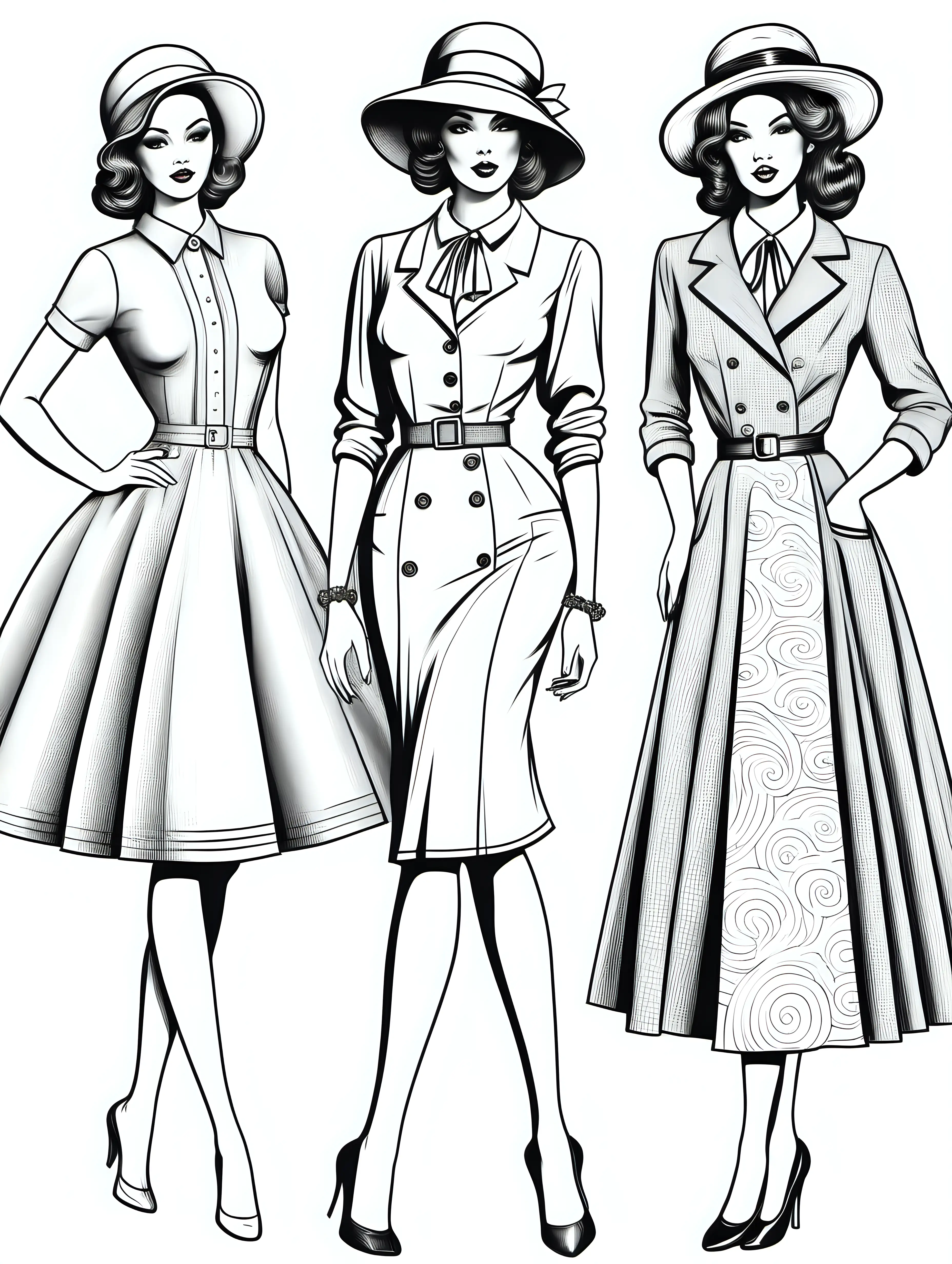 models in Vintage style different outfits, coloring page