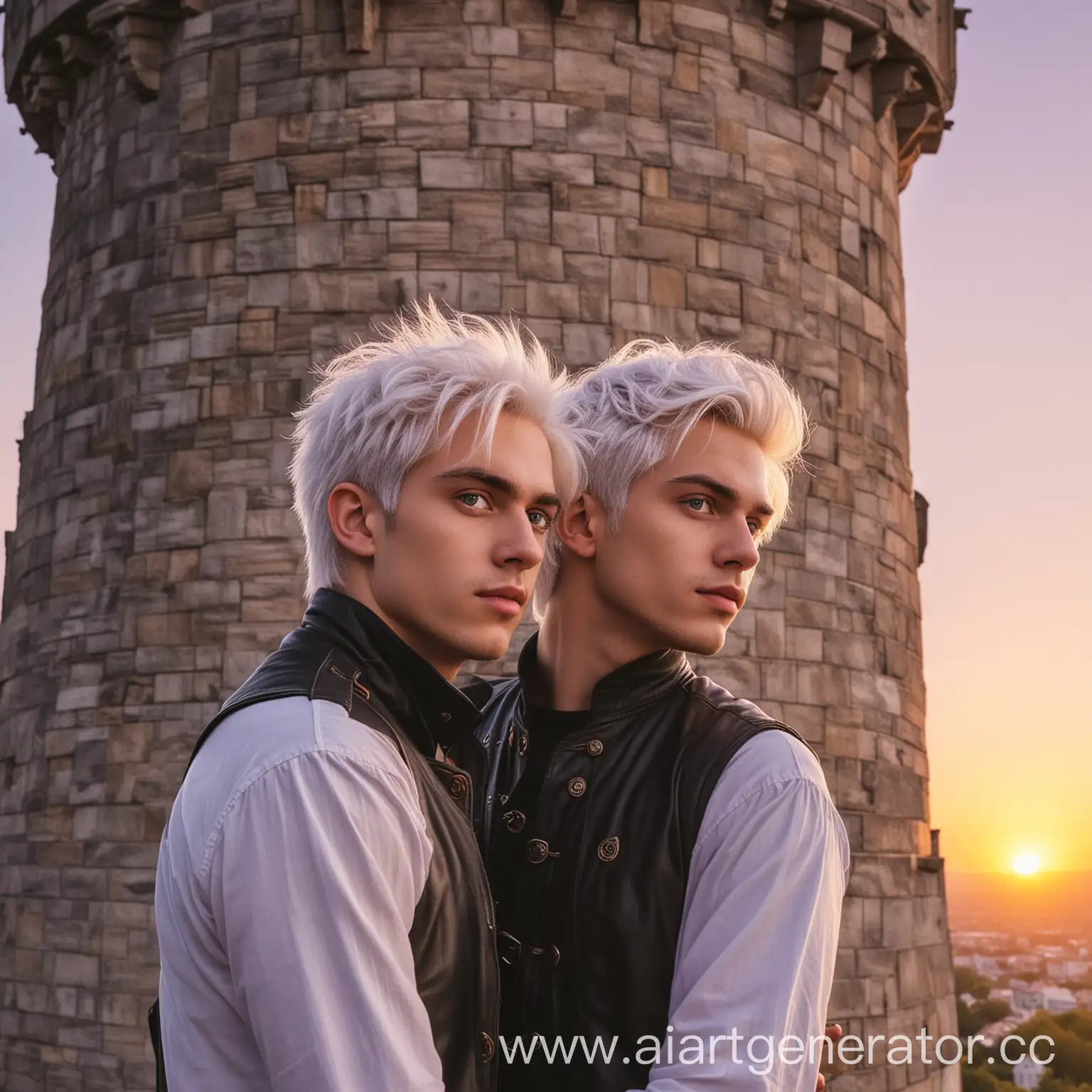 два парня на фоне заката, стоящие на вышке, один с фиолетовыми глазами и белыми волосами, другой блондин с зелёными глазами