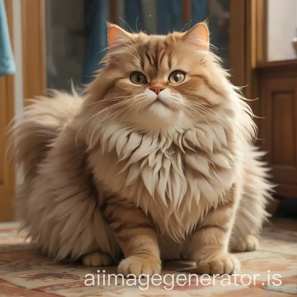 Light Brown fluffy and Chubby Siberian Female Cat cleaning home as cinderella as human character
