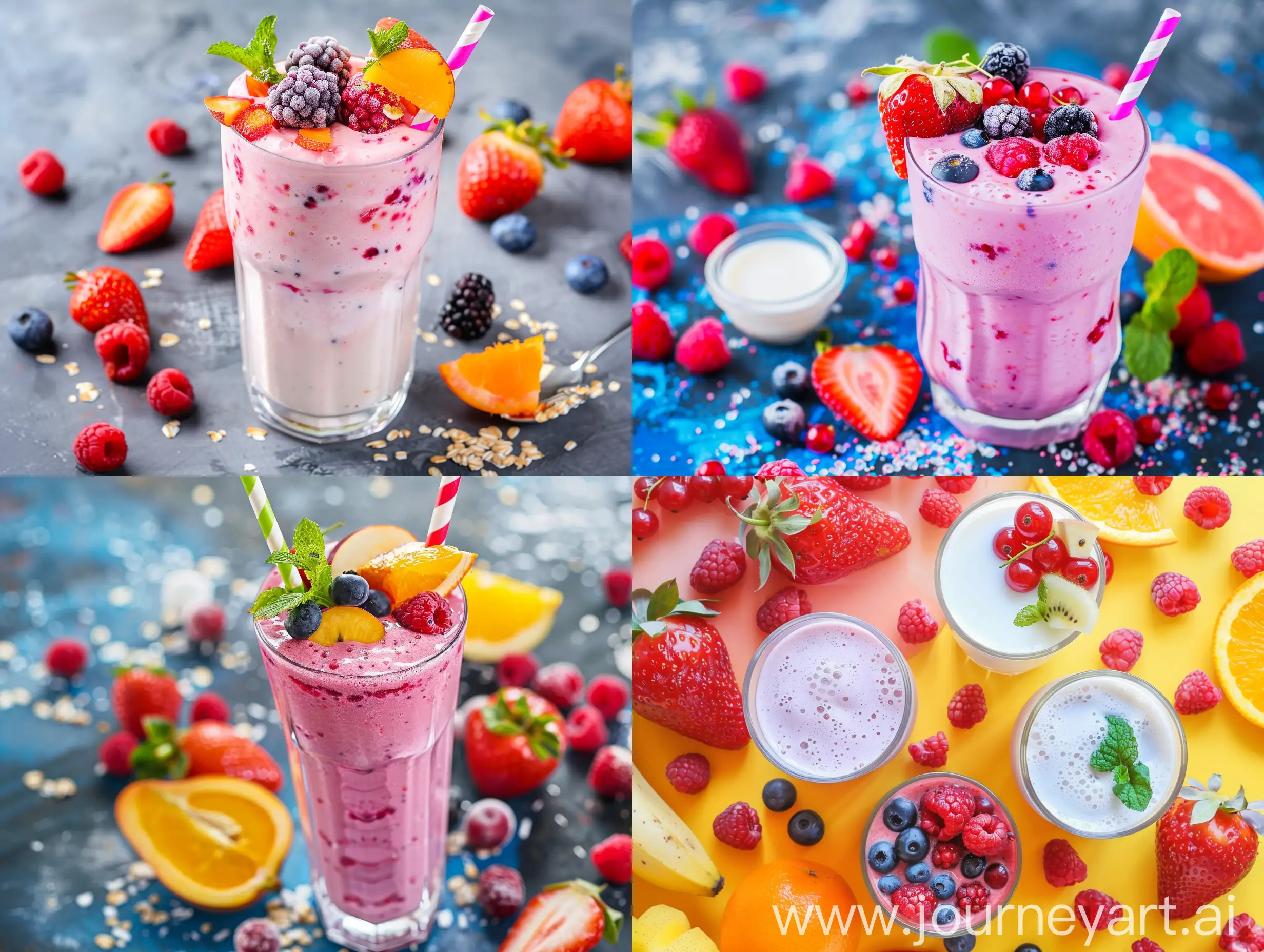 milkshake on bright background with fruits and berries and milk