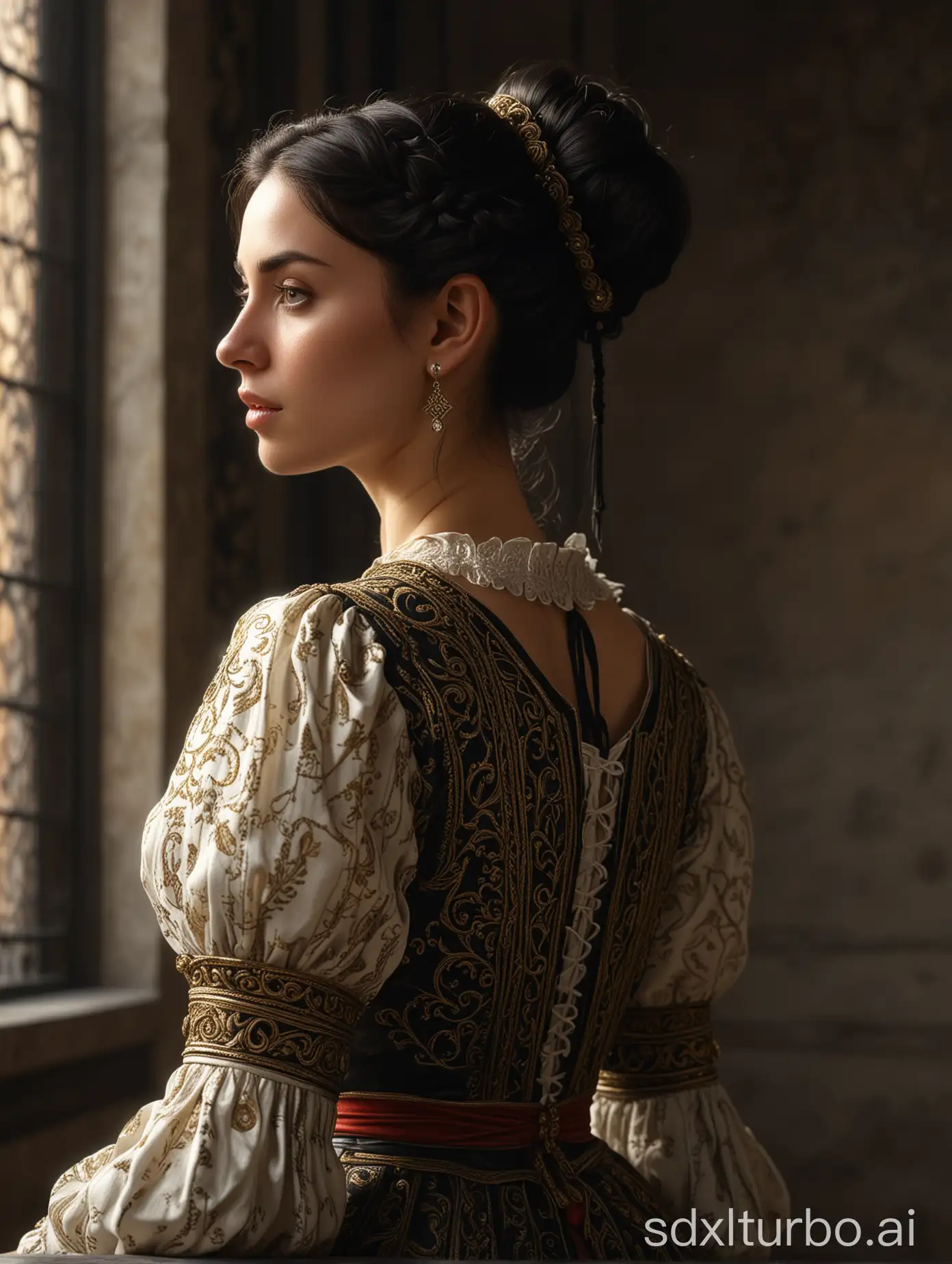 A beautiful  noble woman of 45 with black  hair gathered in an intricate bun, pony-tail on the third of her back, in a  rich medieval dress, (((looks to the right up))) , perfect composition, beautiful detailed intricate insanely detailed octane render trending on artstation, 8 k, photorealistic concept art, soft natural volumetric cinematic perfect light, chiaroscuro,  masterpiece, caravaggio, greg rutkowski