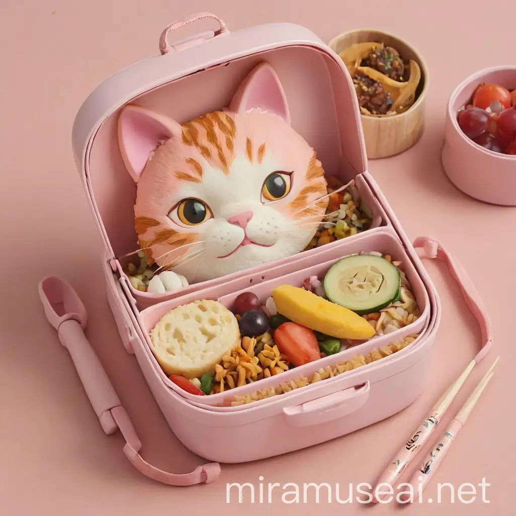 Playful Cat with Bento Box and Pink Chopsticks