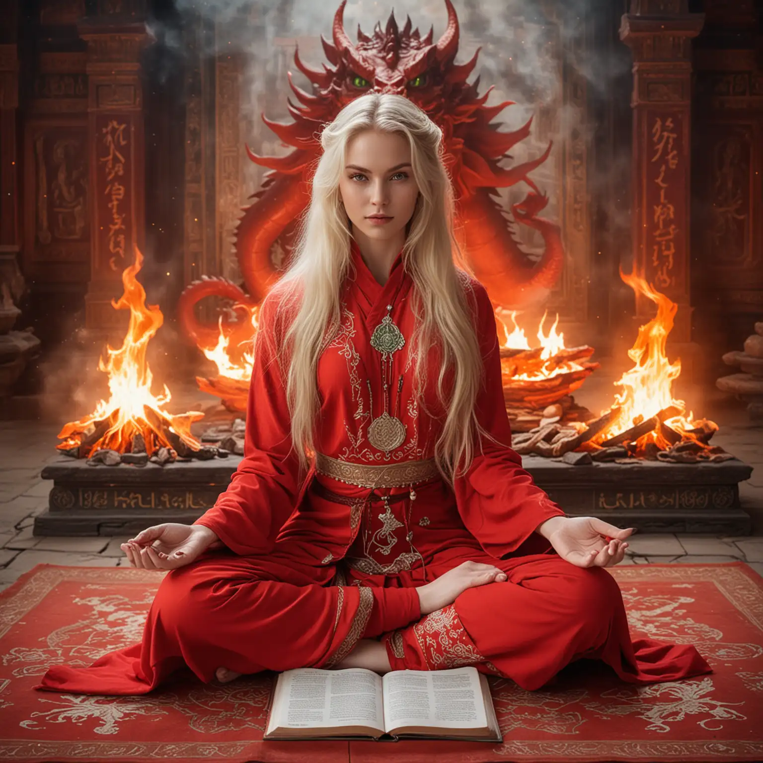 Blonde Goddess Sorceress in Lotus Position with Dragons and Fire