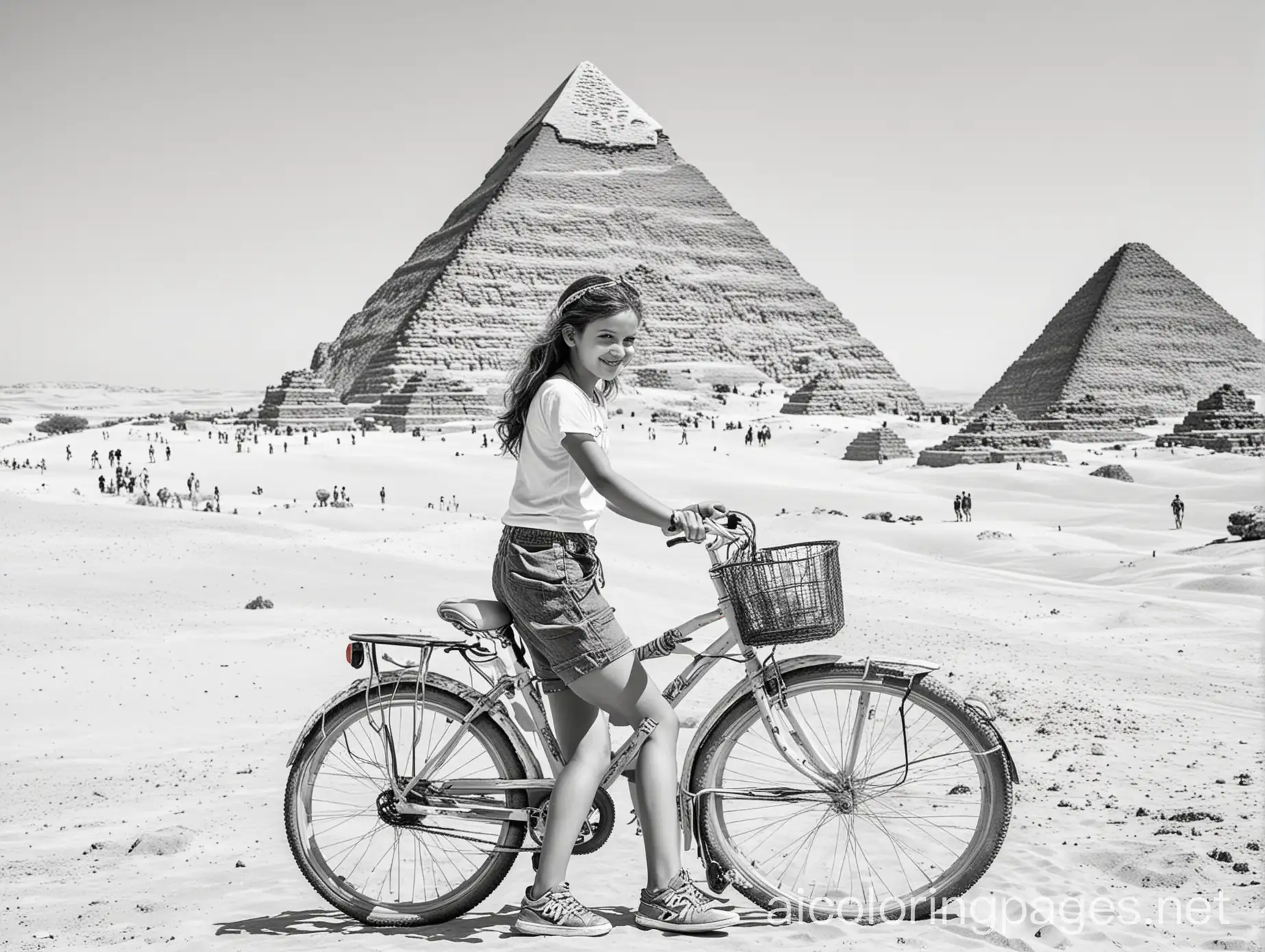 A girl in shorts and a T-shirt rides a bicycle on a sandy road, Egyptian pyramids can be seen in the distance, the girl has a digital camera on a strap around her neck, Coloring Page, black and white, line art, white background, Simplicity, Ample White Space. The background of the coloring page is plain white to make it easy for young children to color within the lines. The outlines of all the subjects are easy to distinguish, making it simple for kids to color without too much difficulty