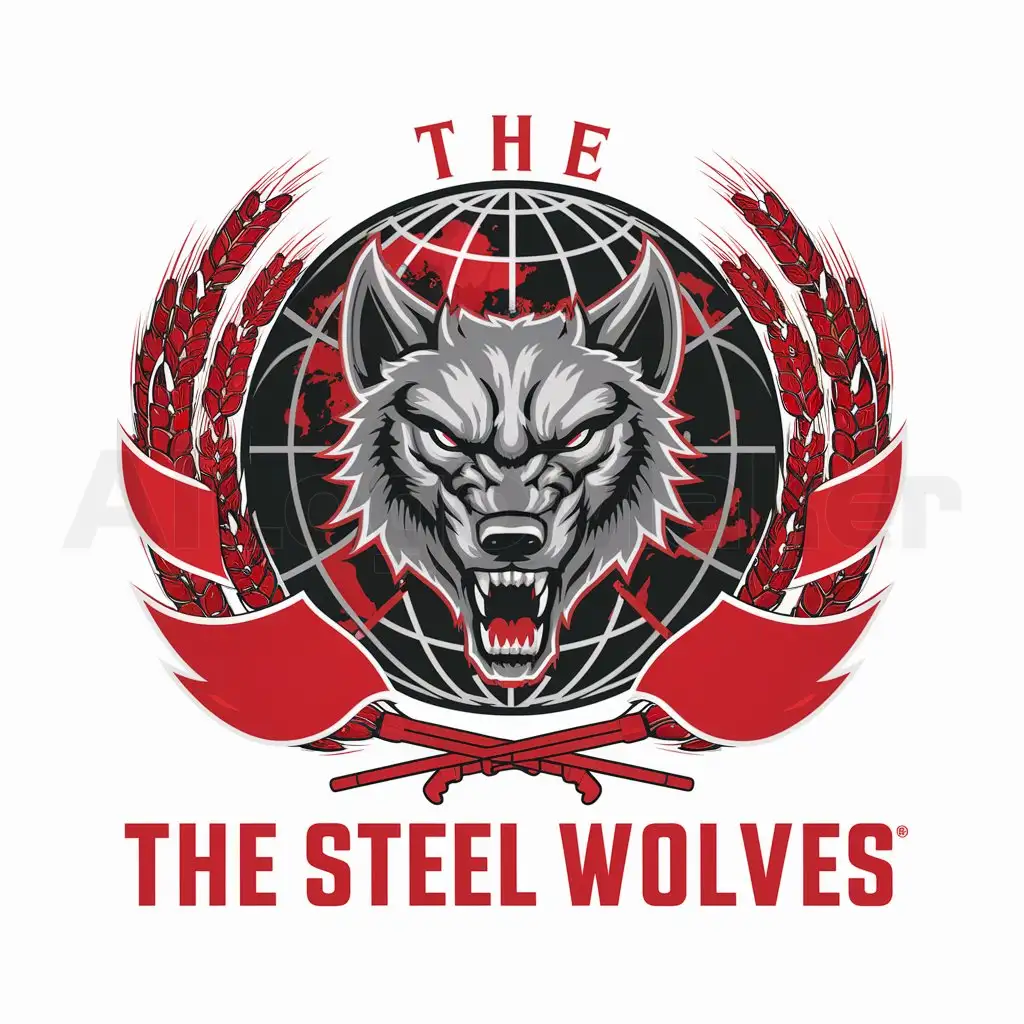 a logo design,with the text "The Steel Wolves", main symbol:steel wolf head inside a globe and two wreath of emmer wheat with red colors communist, communism, military, political,Moderate,clear background