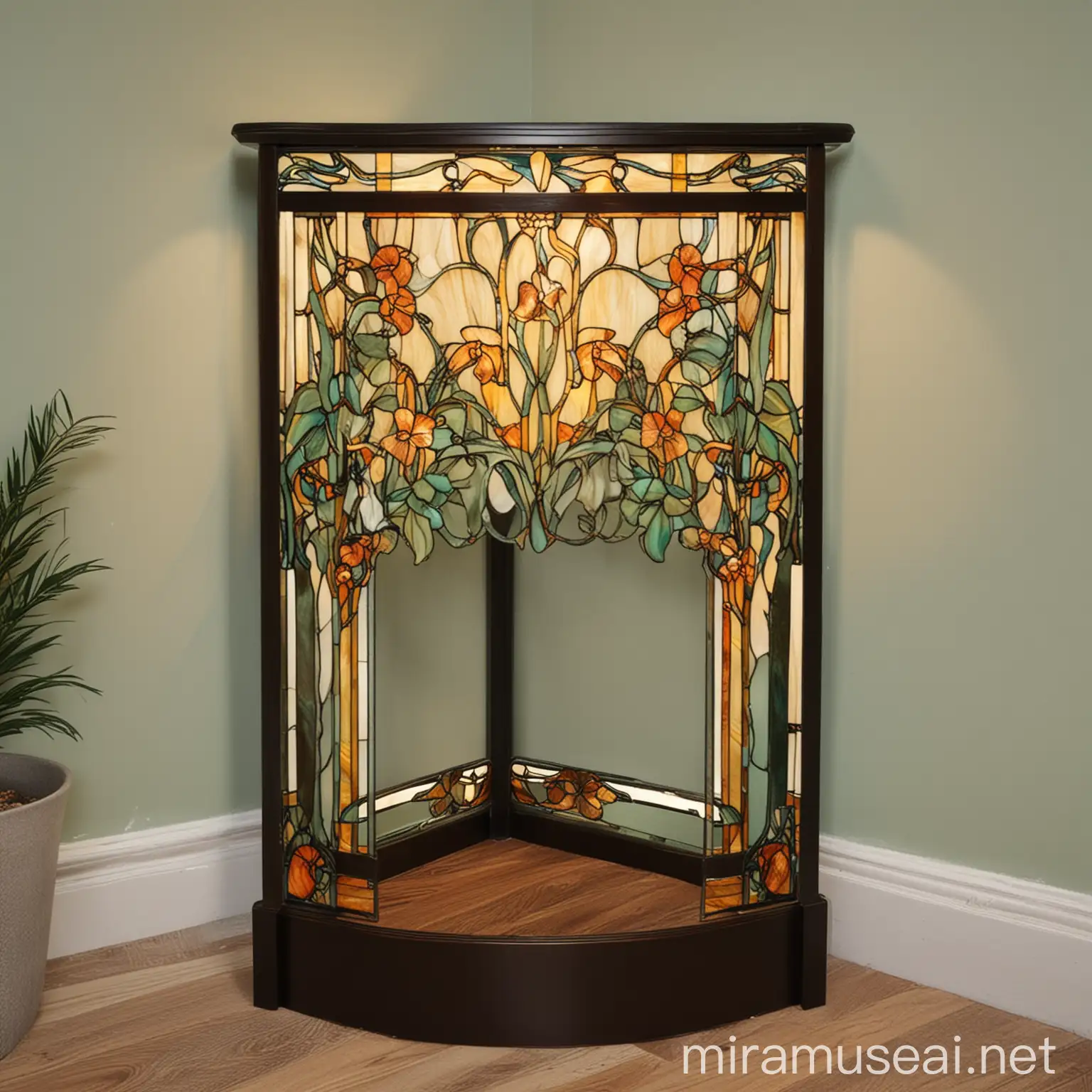 A simple coffee corner unit design inspired by the Art Nouveau style, using Tiffany stained glass