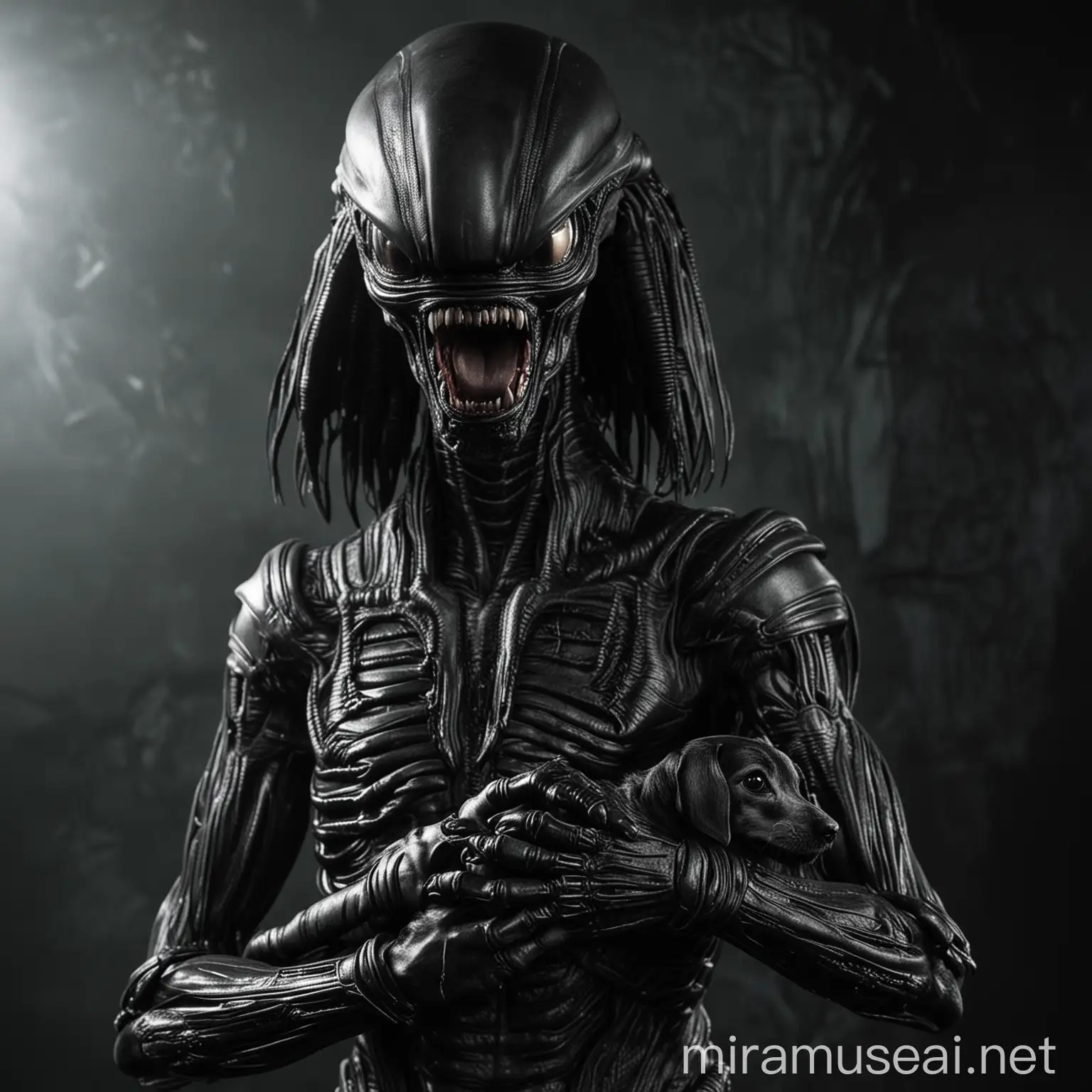 Xenomorph from the movie Alien holding a black Dachshund
