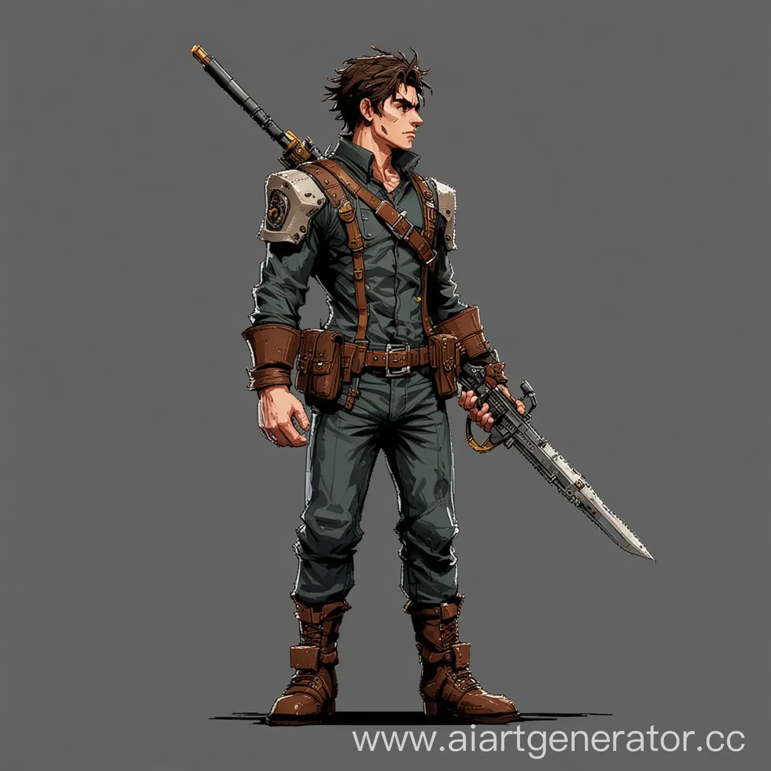 2д, персонаж мужского рода, пиксельный, с оружием, стоит боком
