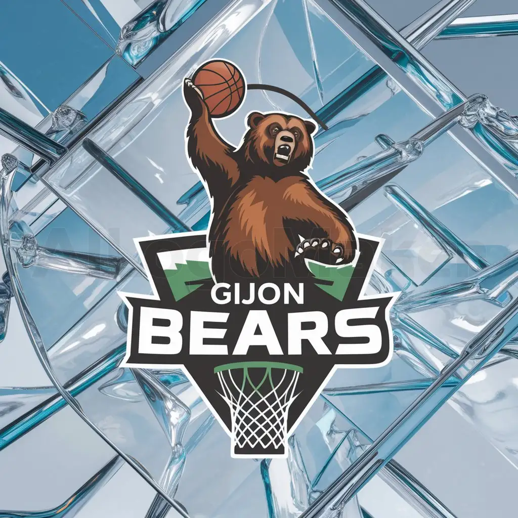 a logo design,with the text "GIJON BEARS", main symbol:brown bear doing a dunk in a basketball hoop,complex,clear background