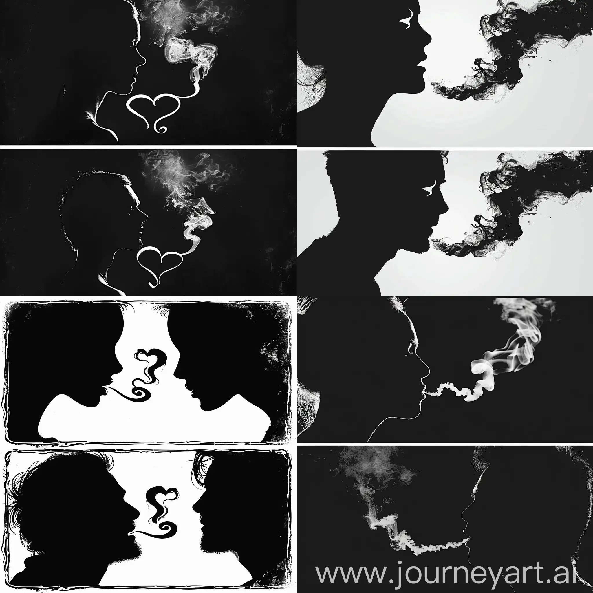 Обложка для трека, в верхней части кадра силуэт лица женщины которая смотри вниз, в нижней части кадра силуэт лица мужчины который смотри вверх, мужчина выдыхает дым в форме сердца, а женщина его вдыхает