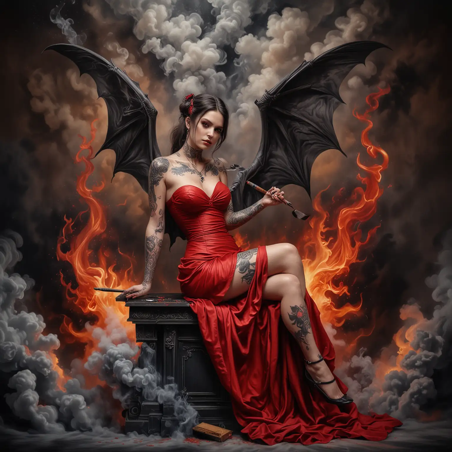 hyper realistic photography
a beautiful tattooed angel, She is a tattoo artist and wearing a red dress while she has black bat wings, seated on cloud of smoke and flames While hold painting brush in her hand and performing a painting on canvas
good rendering