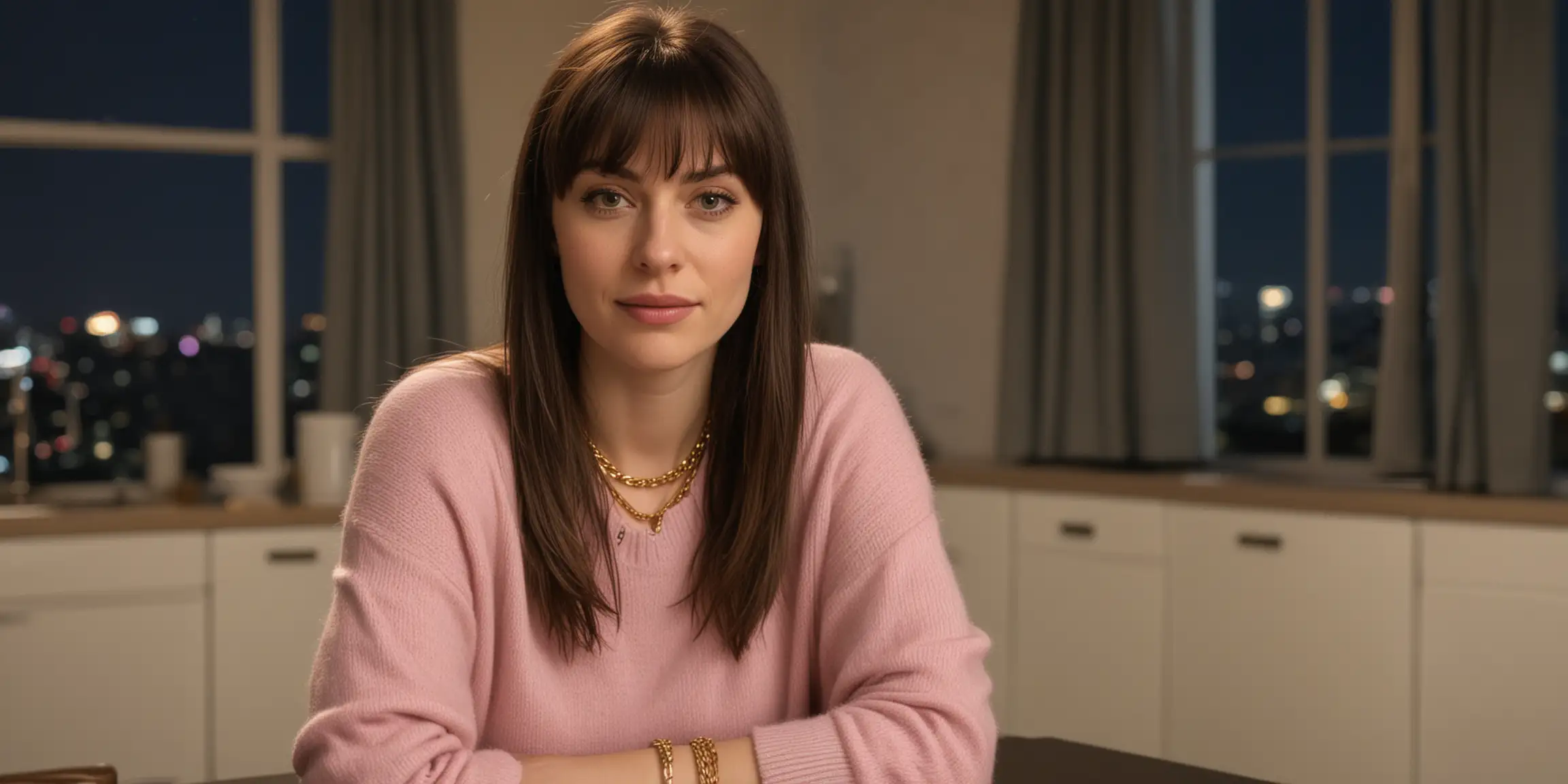 Sitting at a kitchen table at night, 30 year old pale white woman, long dark brown bangs, gold necklace. She is wearing a pink sweater and blue jeans, urban high rise background