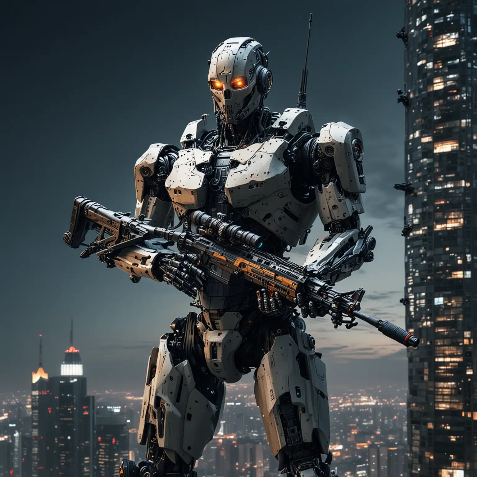 Robot with a swarm drones sits above night city skyscraper with a sniper rifle 
