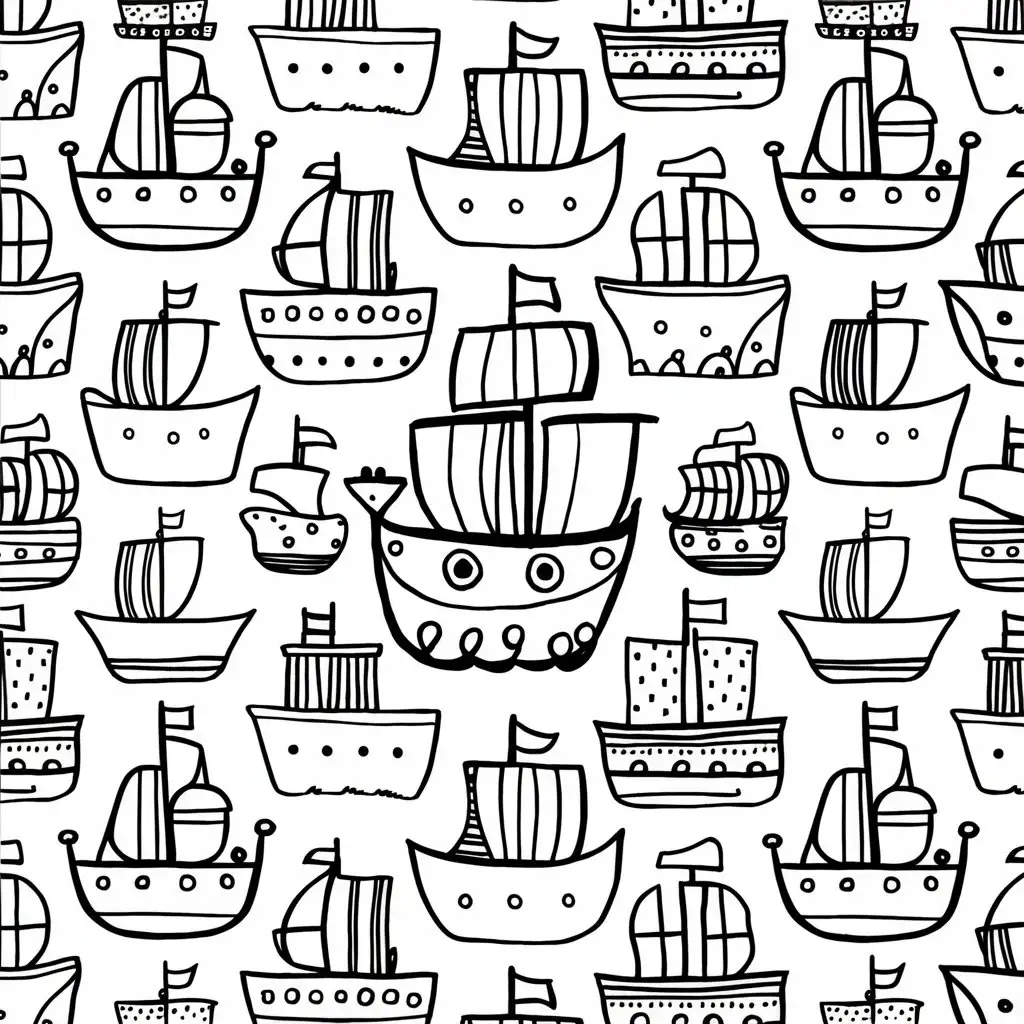 simple cute ships pattern coloring page. all in black and white. white background. should cover the whole page.