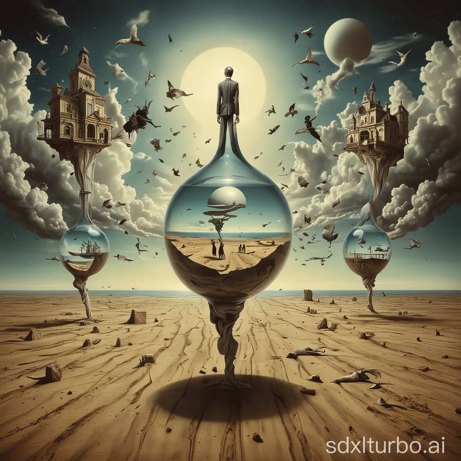 Dreamlike-Surrealism-Floating-Clocks-in-a-Desert-Landscape