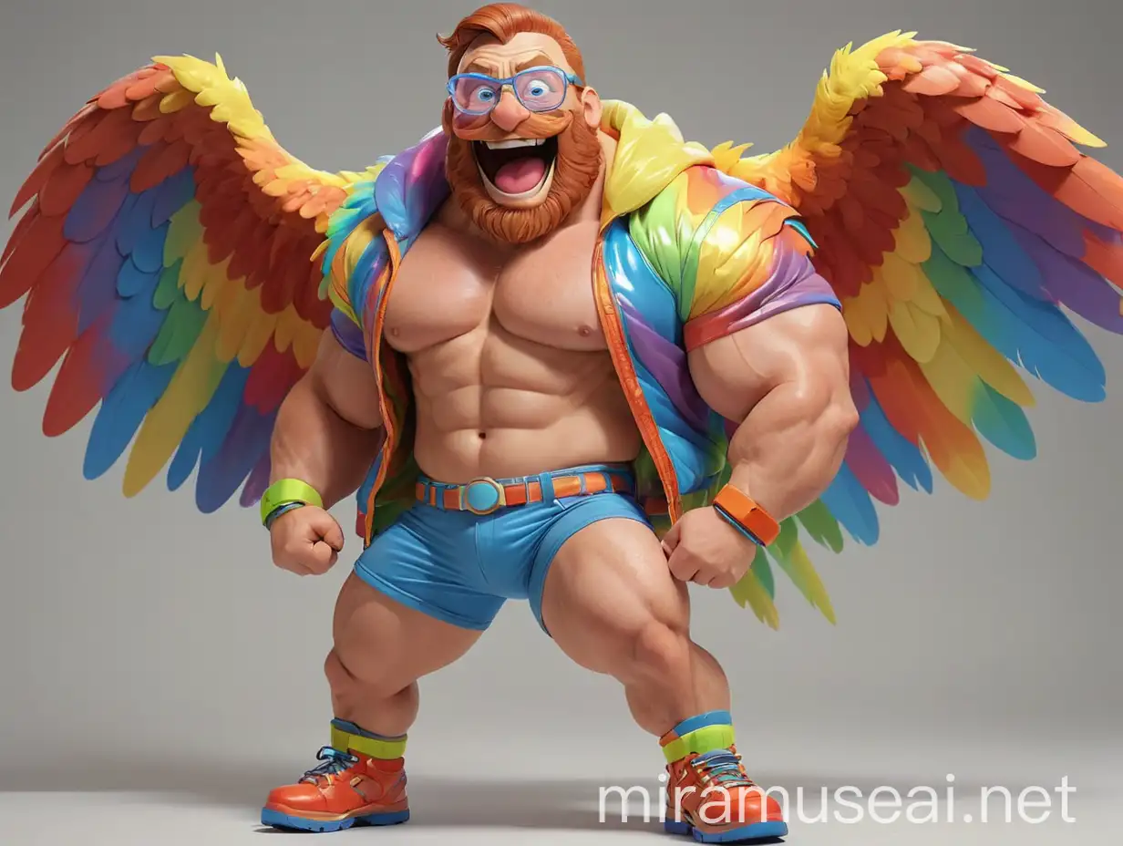 Muscular Redhead Bodybuilder Flexing with RainbowColored Eagle Wings Jacket