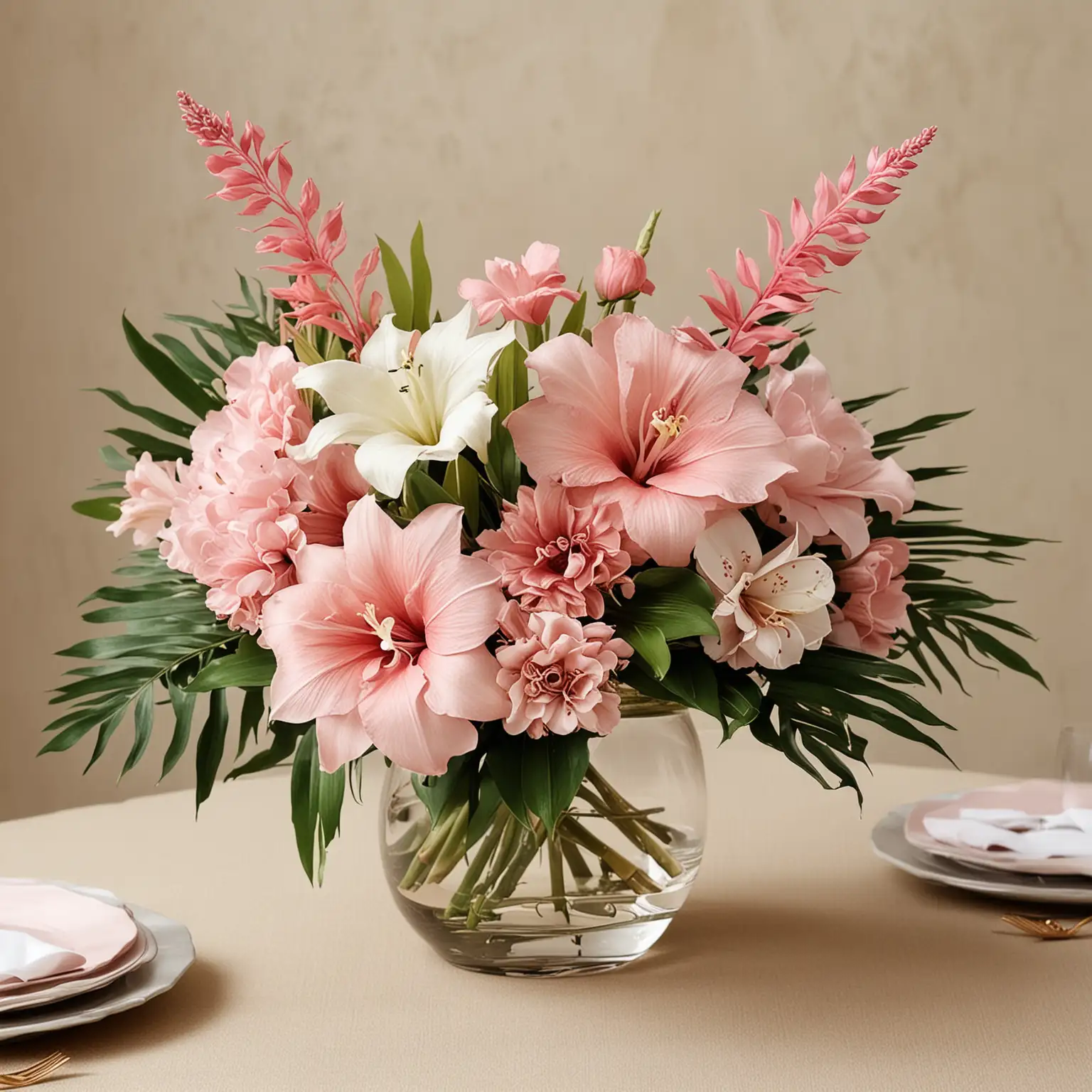 tropical wedding centerpiece with blush pink flowers; keep background neutral