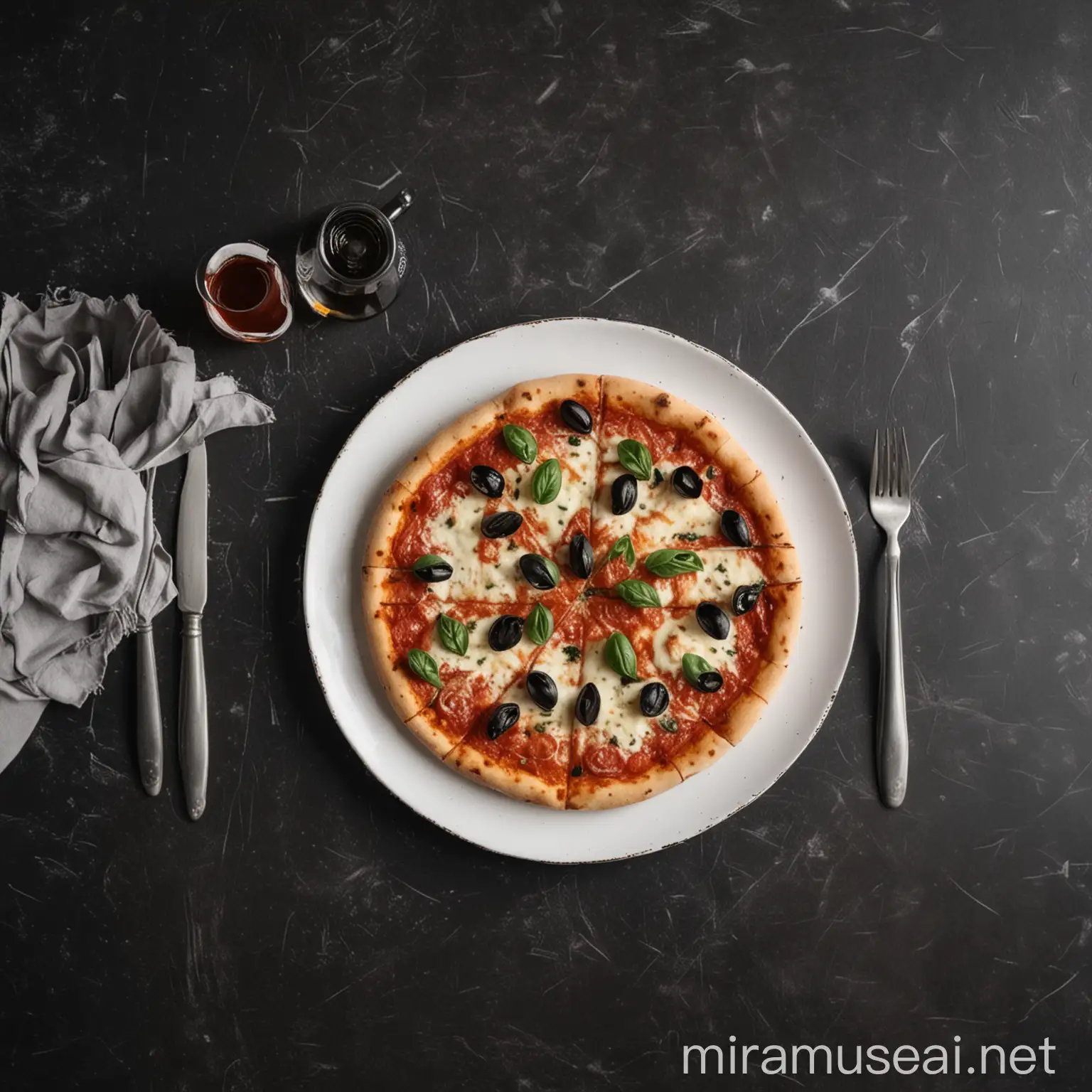 czarny stół, widok z góry, biały talerz, obok sztućce, a na talerzu Pizza Margherita , 