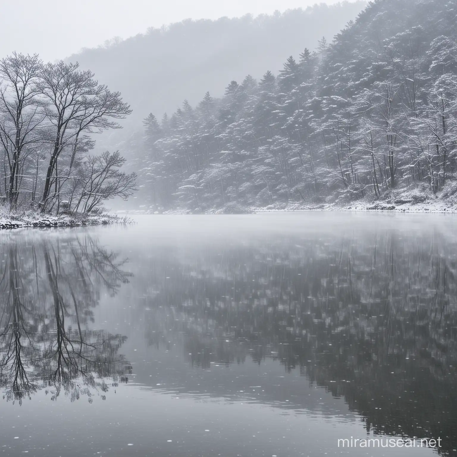 A serene and misty morning snowing scene at Hibara Lake in Yama-gun, Fukushima, Japan., photo