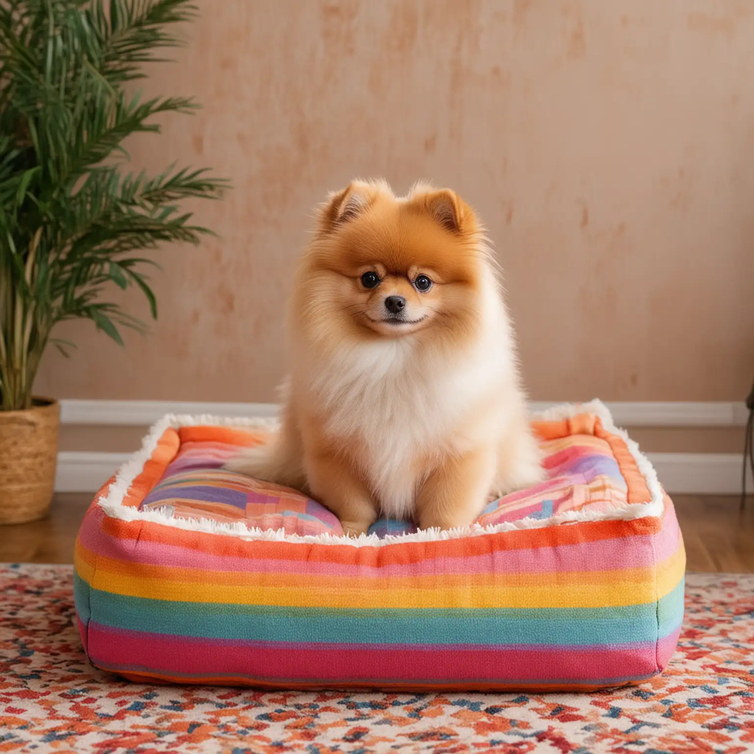 Pomeranian Dog Standing on Colorful Dog Bed