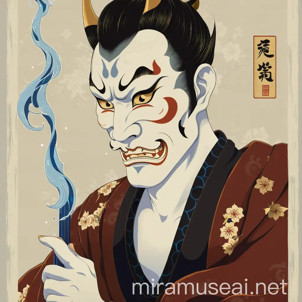 Traditional Japanese Hannya Mask with Blue Waves Artistic Illustration