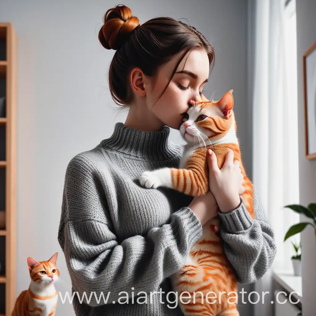 Girl-with-Dark-Hair-Kisses-Ginger-Cat-in-Gray-Sweater