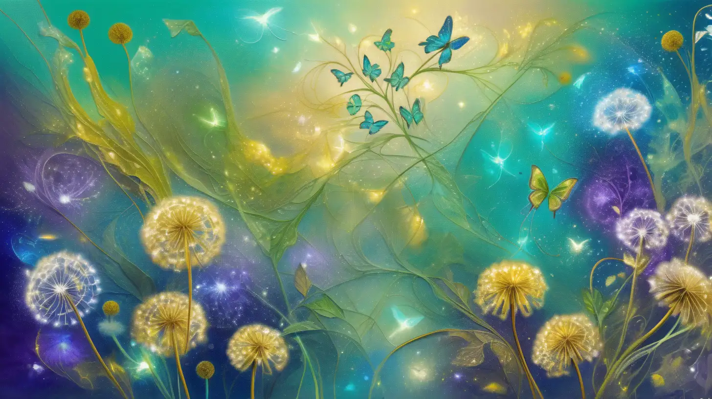 textured oil painting of abstract art of florescent colors of green-mint and leather browns and beiges and golden-whites in golden dust and a magical tan florals glowing with luminescent  green vines among blue and purple galaxies and white cotton dandelions and yellow dandelions and butterfly