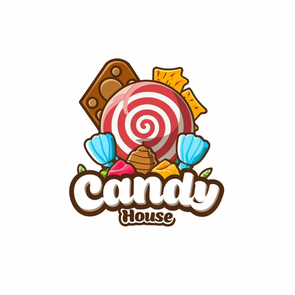 a logo design,with the text "Candy House ", main symbol:Lollipop, chips, chocolate,Moderate,be used in Retail industry,clear background