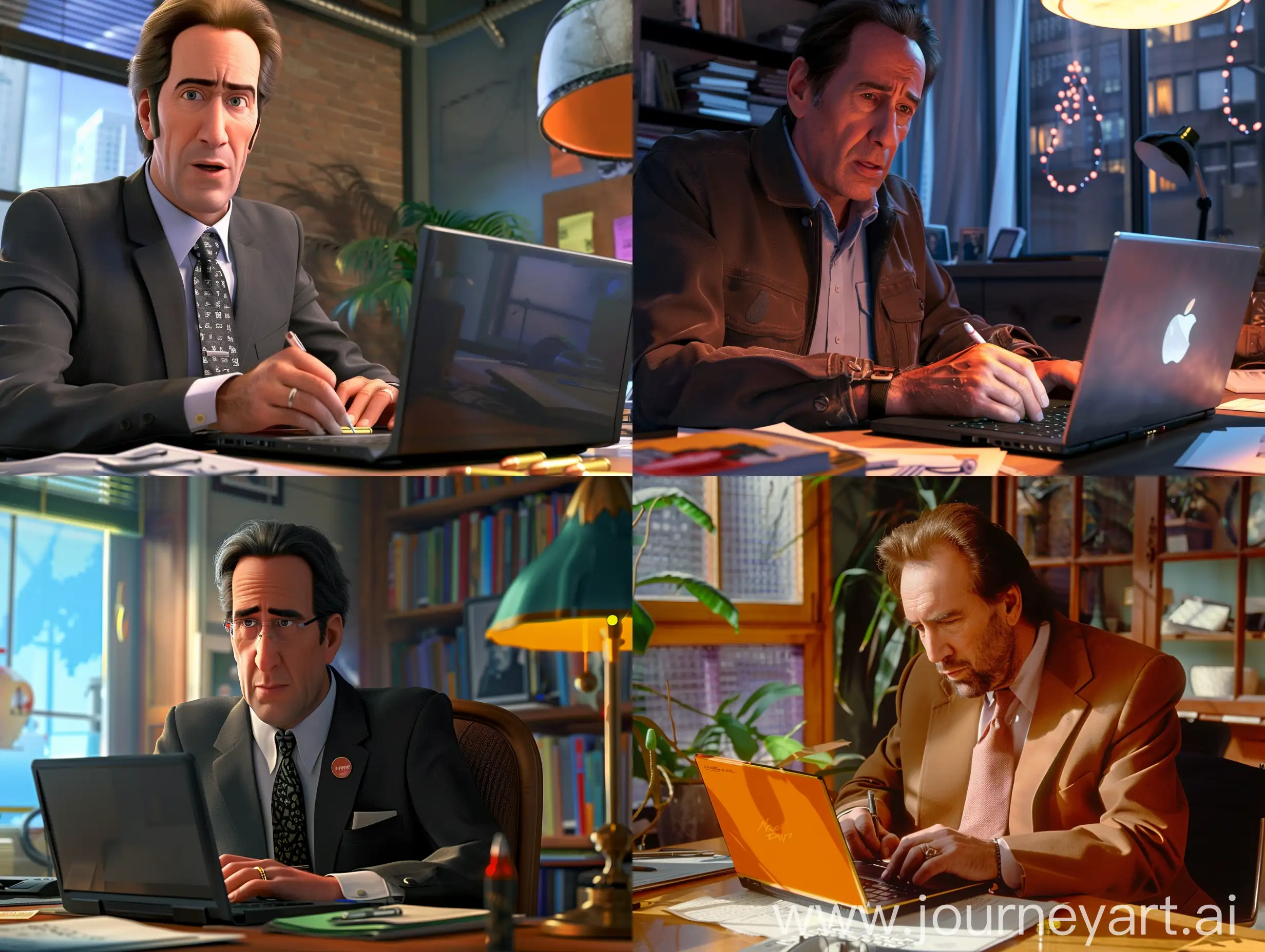 Nicolas Cage from the movie The Gun Baron sits diligently writing messages on a Pixar-style laptop in the office