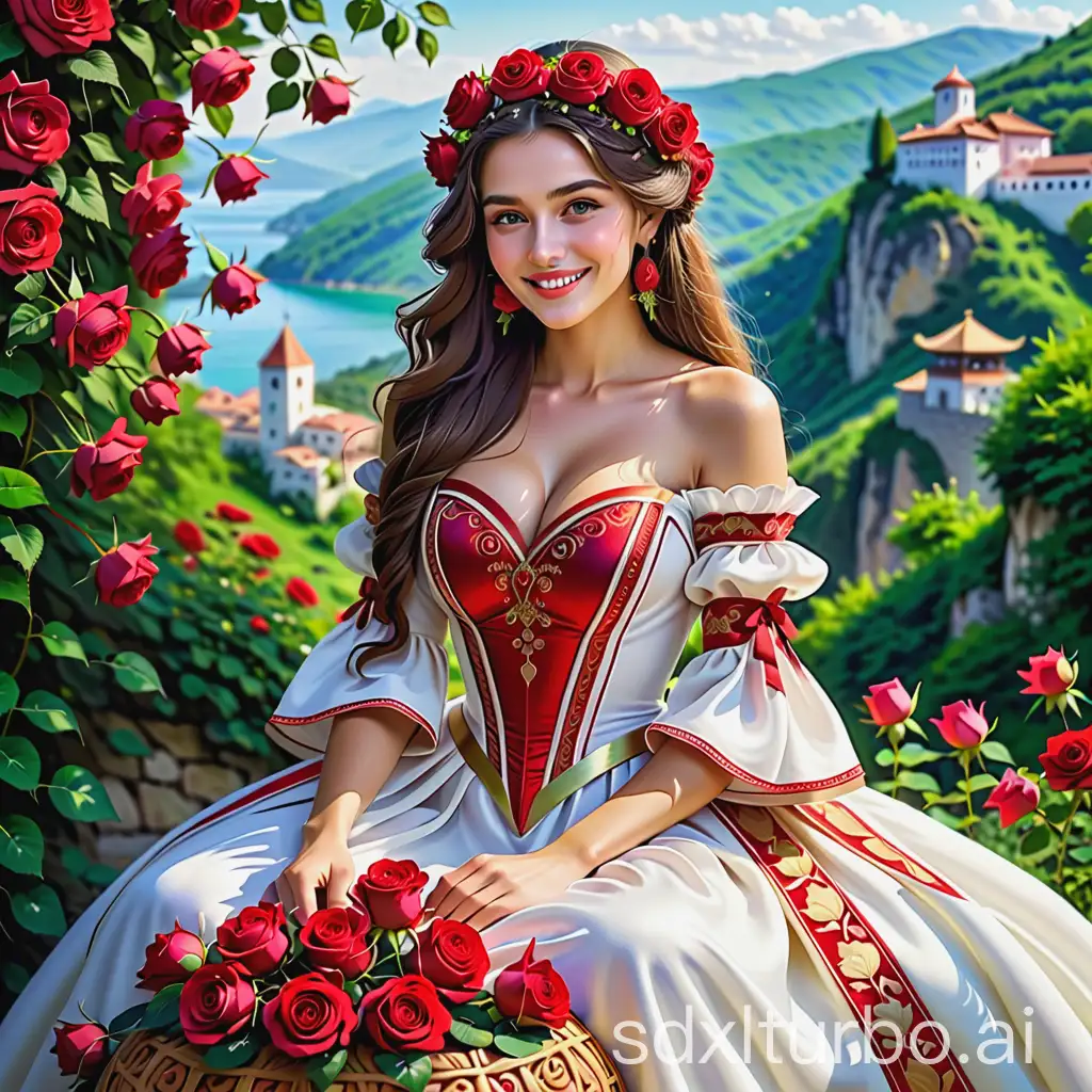 A mesmerizing hyper-realistic artwork that captures the essence of surrealism. The focal point is a colossal, transformed apple, now a wondrous realm that houses a stunning woman dressed in traditional Bulgarian folklore attire. The gown is intricately embroidered and adorned with roses, which are intertwined with her long, braided hair. She sits within the apple, content and embracing her personal paradise, her smile radiating the warmth of the scene. The background reveals the breathtaking Rose Valley in Bulgaria, with lush landscapes, vibrant roses in full bloom, and glimpses of the region's magnificent architecture, all blending harmoniously. The overall ambiance is magical, vivid, and enchanting, inviting viewers to delve into this whimsical world and explore its wonders.