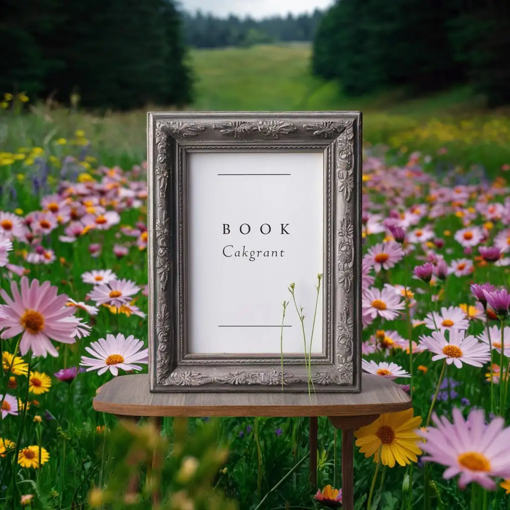 A realistic beautiful photo is the image in which the frame is located in the central part. The interior of the frame has a white background intended for the cover of the book. The background behind the frame shows a beautiful meadow full of flowers, and in the distance you can see the forest. The frame is placed close to the center of the photo. The photo is realistic and beautiful.