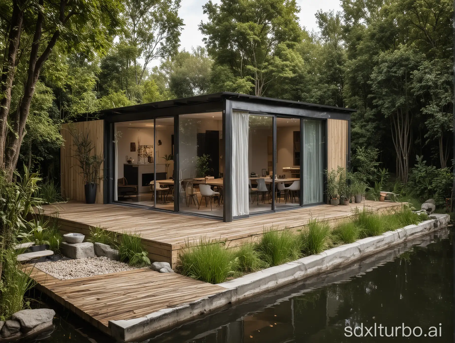Crea una casa con forma de contenedor moderna con un pequeño estanque