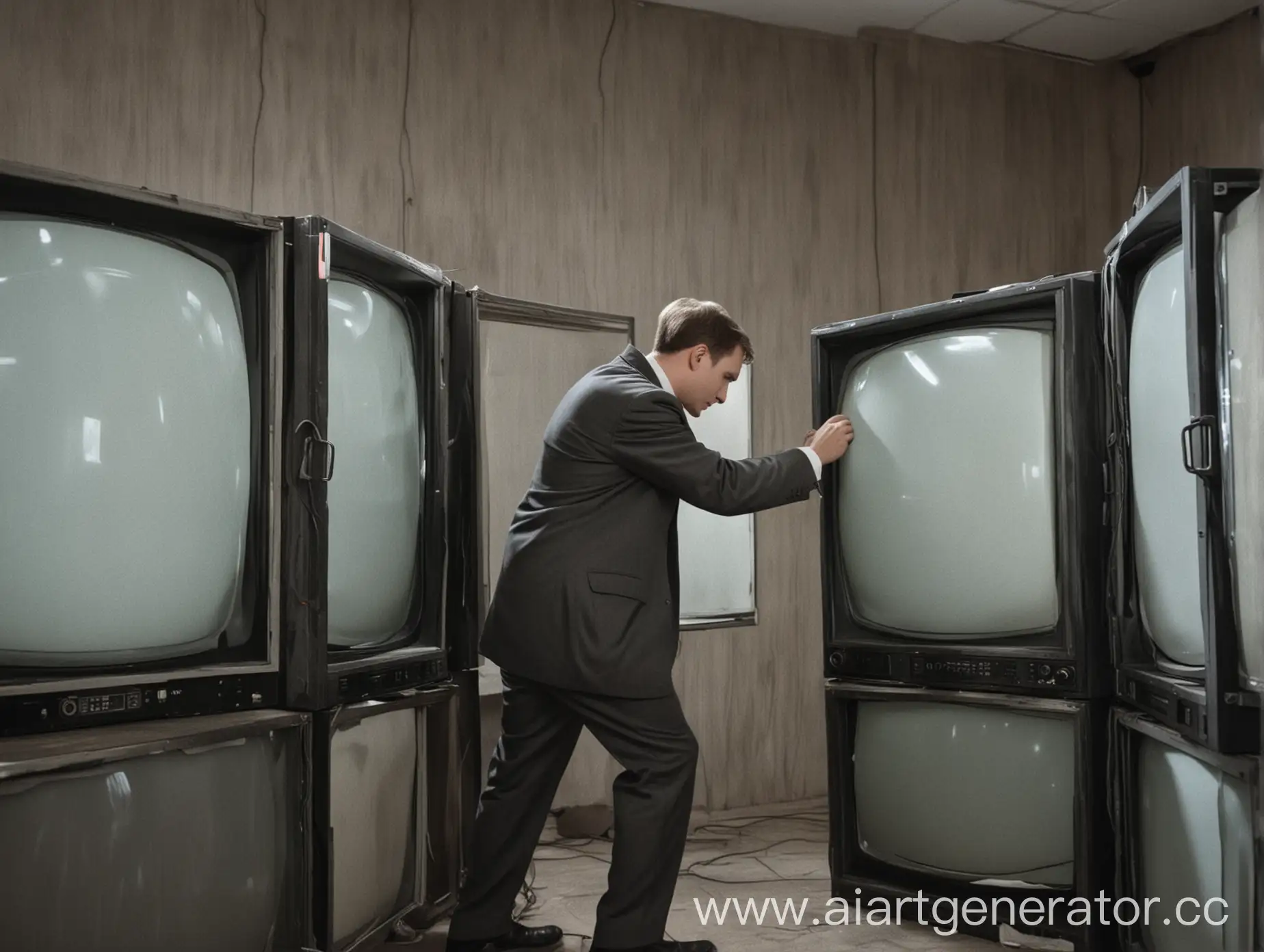 человек в пиджаке в официальном костюме вылезает из  экранов советских телевизоров