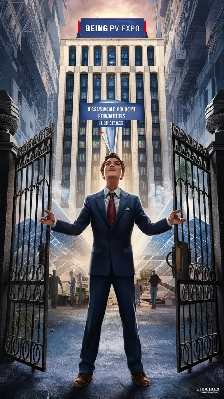 Create an image that embodies the journey of a young man as he transitions from dreaming of owning a successful company to seeing his vision come to life. The image should feature a confident and determined young man wearing a formal suit, standing at the entrance gate of his company's headquarters. In the background, prominently display the grand building of the "Being PV Expo" headquarters, with the company name prominently displayed as a banner on the building facade. The man should be looking up at the building with a sense of pride and accomplishment, as he reflects on his journey and realizes that his dream of owning a thriving company has finally become a reality. The image should capture the excitement, ambition, and sense of fulfillment that comes with achieving one's goals and seeing a long-held vision come to fruition.