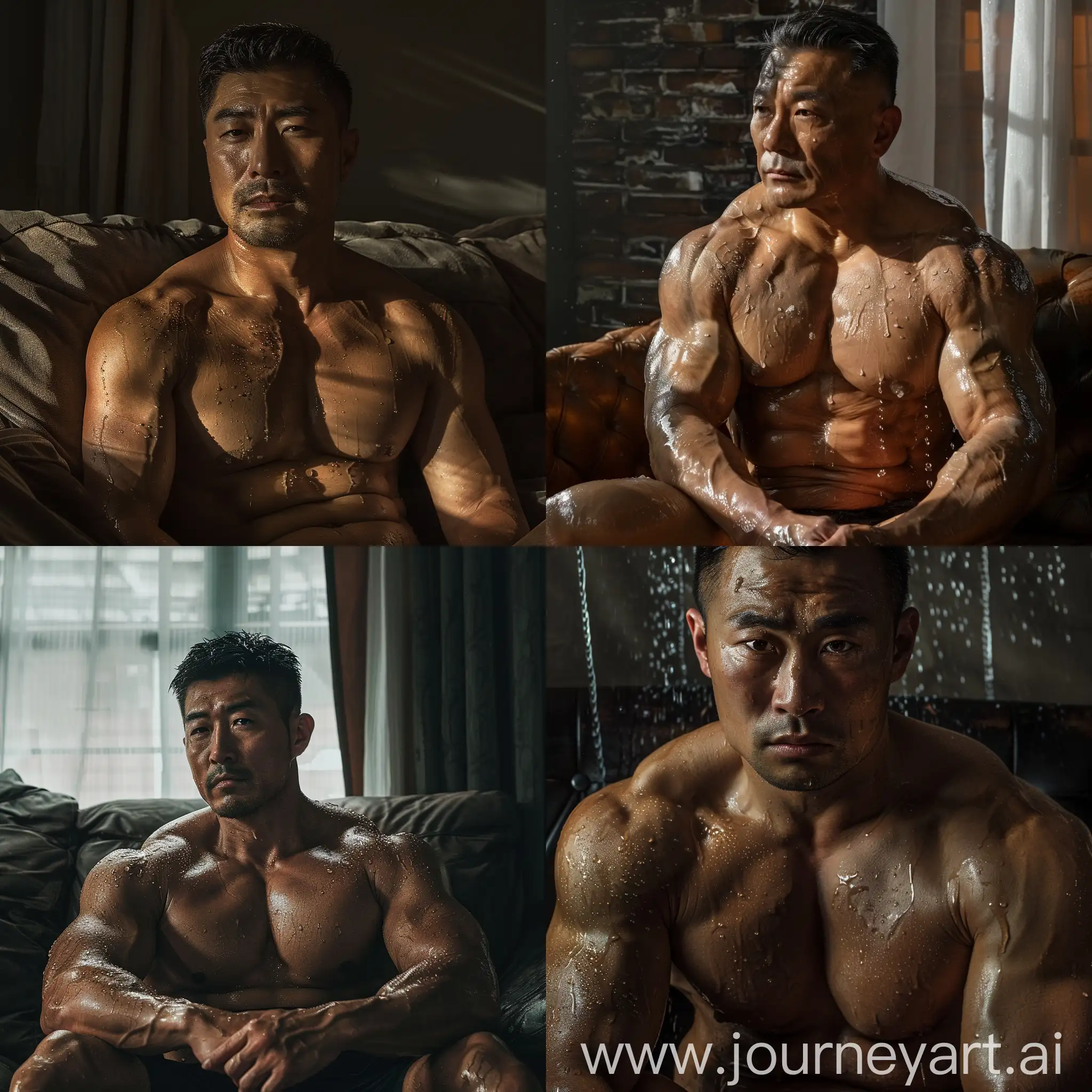 Drenched in sweat beefy muscular mature asian man sitting on the couch
