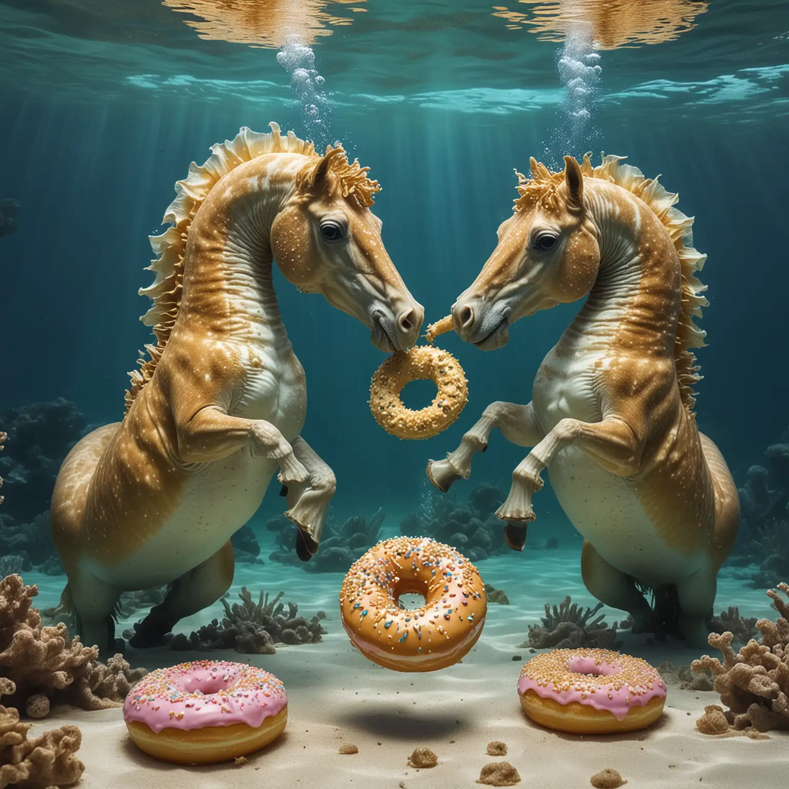 Two sea horses eating donuts underwater, 100 shades of blues, gold tones, extre.e highlights, high definition, cute, fun