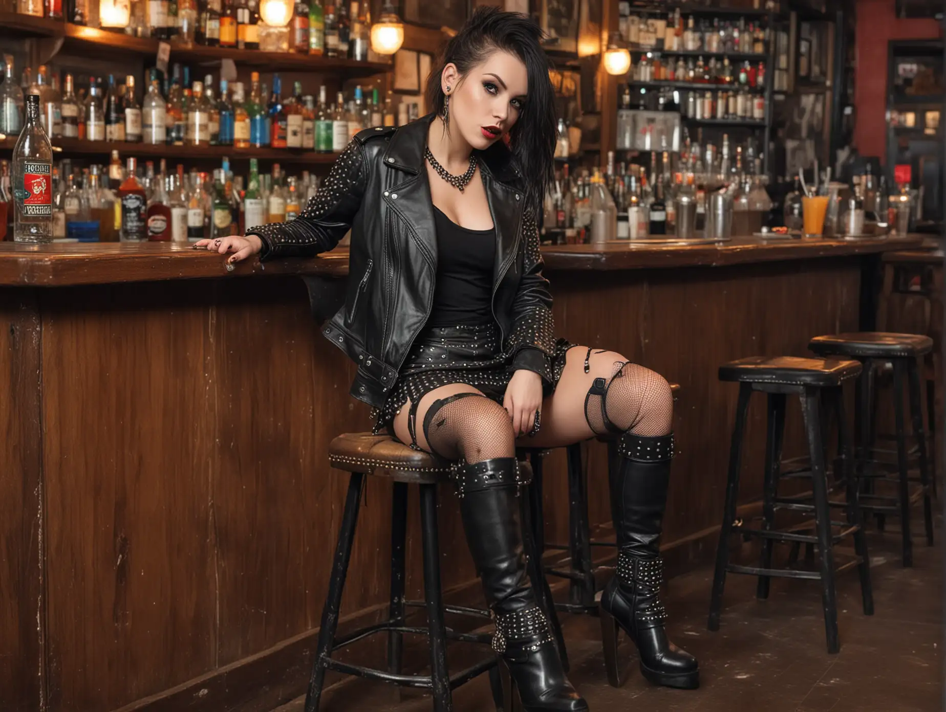Edgy-Punk-Girl-in-Studded-Leather-Jacket-Skirt-and-Boots-at-Bar