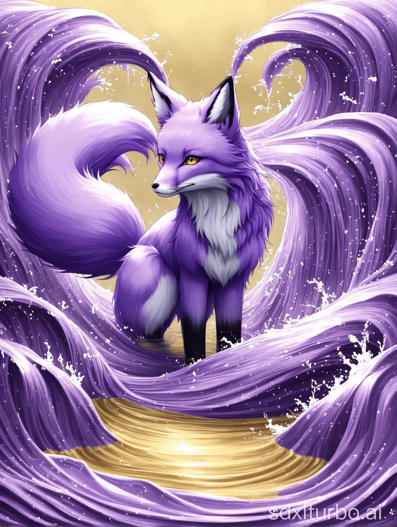 Flowing-Water-and-Golden-Powder-with-a-Purple-Fox