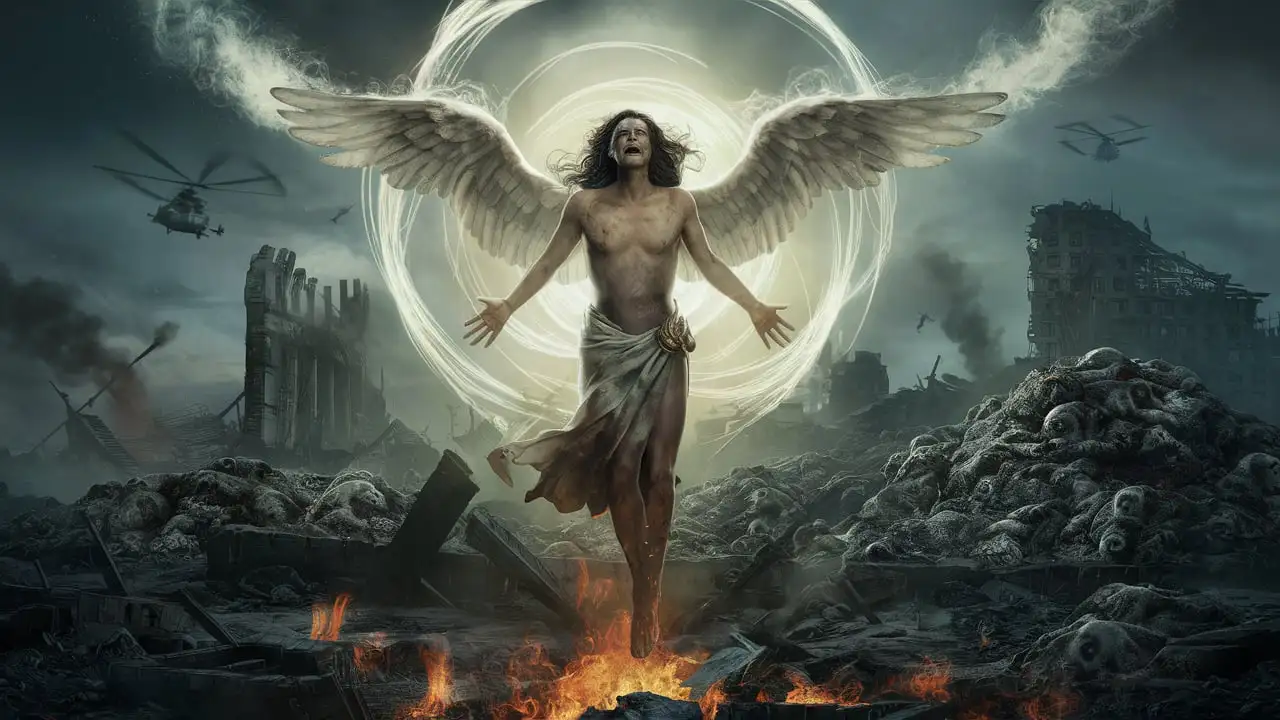 Seraph Rising Above Apocalypse Angel Amidst Ruins and Chaos
